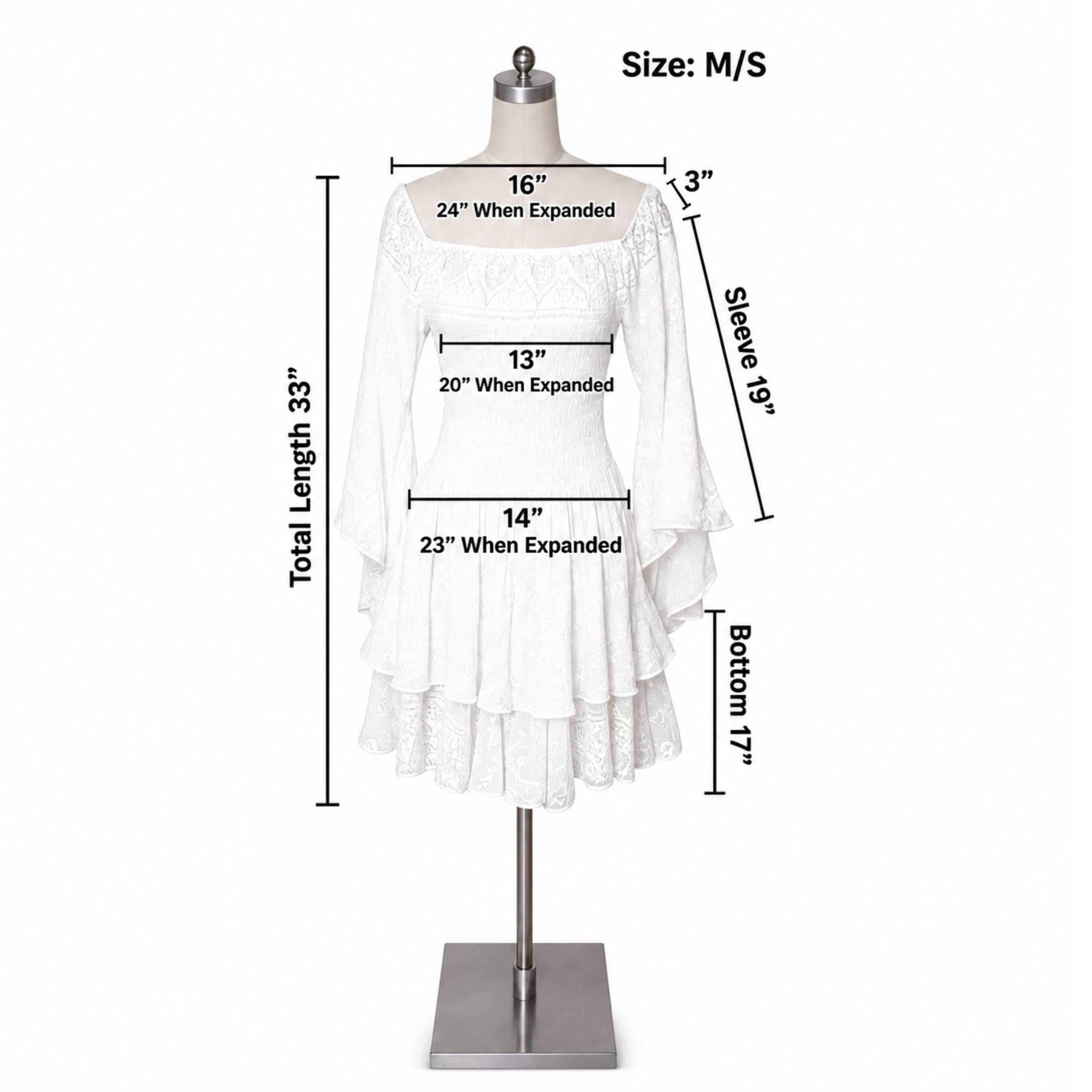 a white dress with measurements and a mannequin head. The dress appears to be a ruffled, off-the-shoulder style with a total length of 33 inches. The dress is shown in various sizes, including a 16-inch, 24-inch, and 20-inch version, as well as a 13-inch, 14-inch, and 23-inch version. The dress is displayed on a mannequin head, which is positioned at the top of the image.