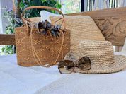 Bohemian Rattan Tote Bag, Handwoven Natural Bali Style (Leather Strap)