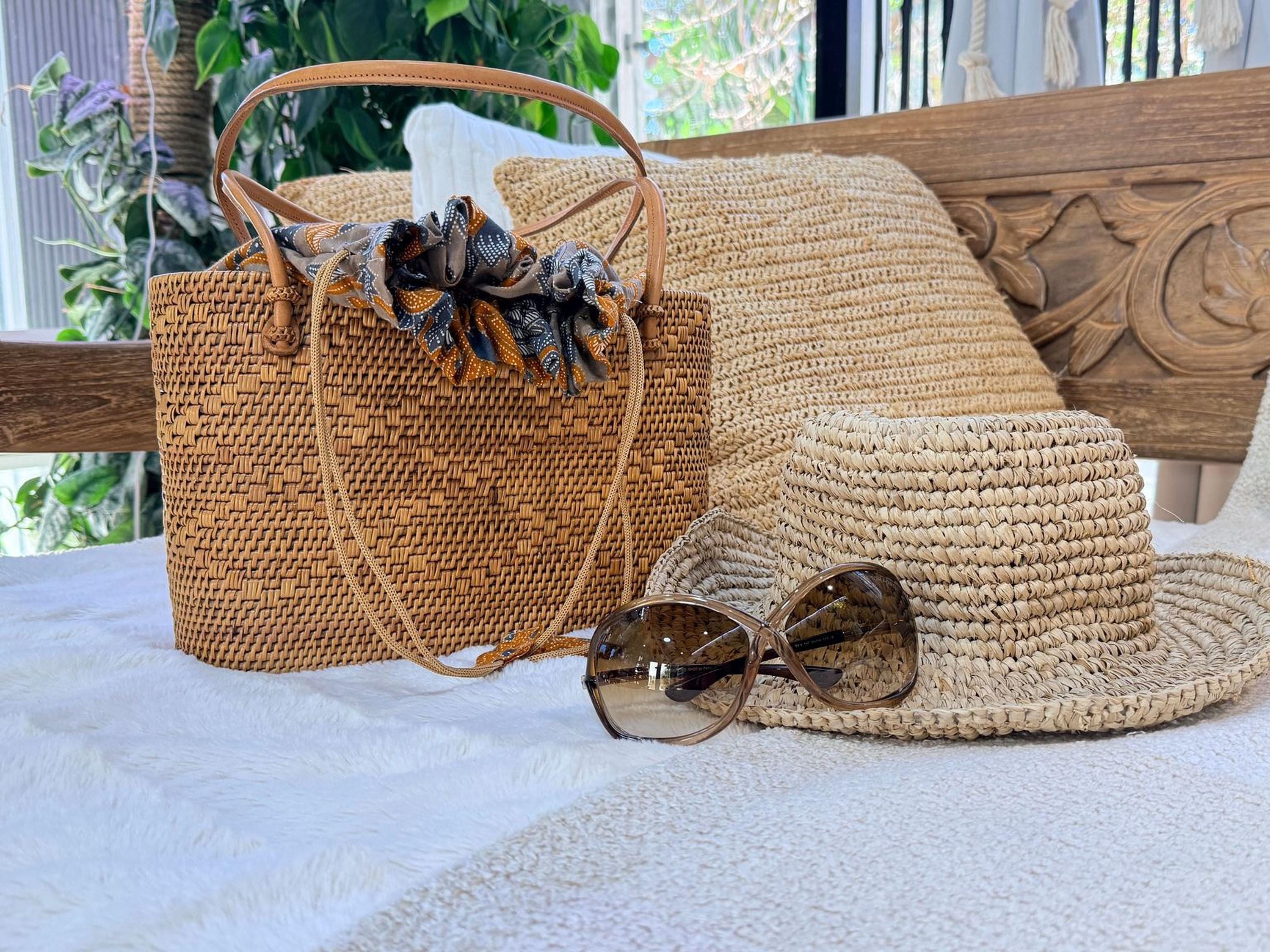 Bohemian Rattan Tote Bag, Handwoven Natural Bali Style (Leather Strap)
