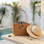Bohemian Rattan Tote Bag, Handwoven Natural Bali Style (Leather Strap)