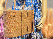 Bohemian Rattan Tote Bag, Handwoven Natural Bali Style (Leather Strap)