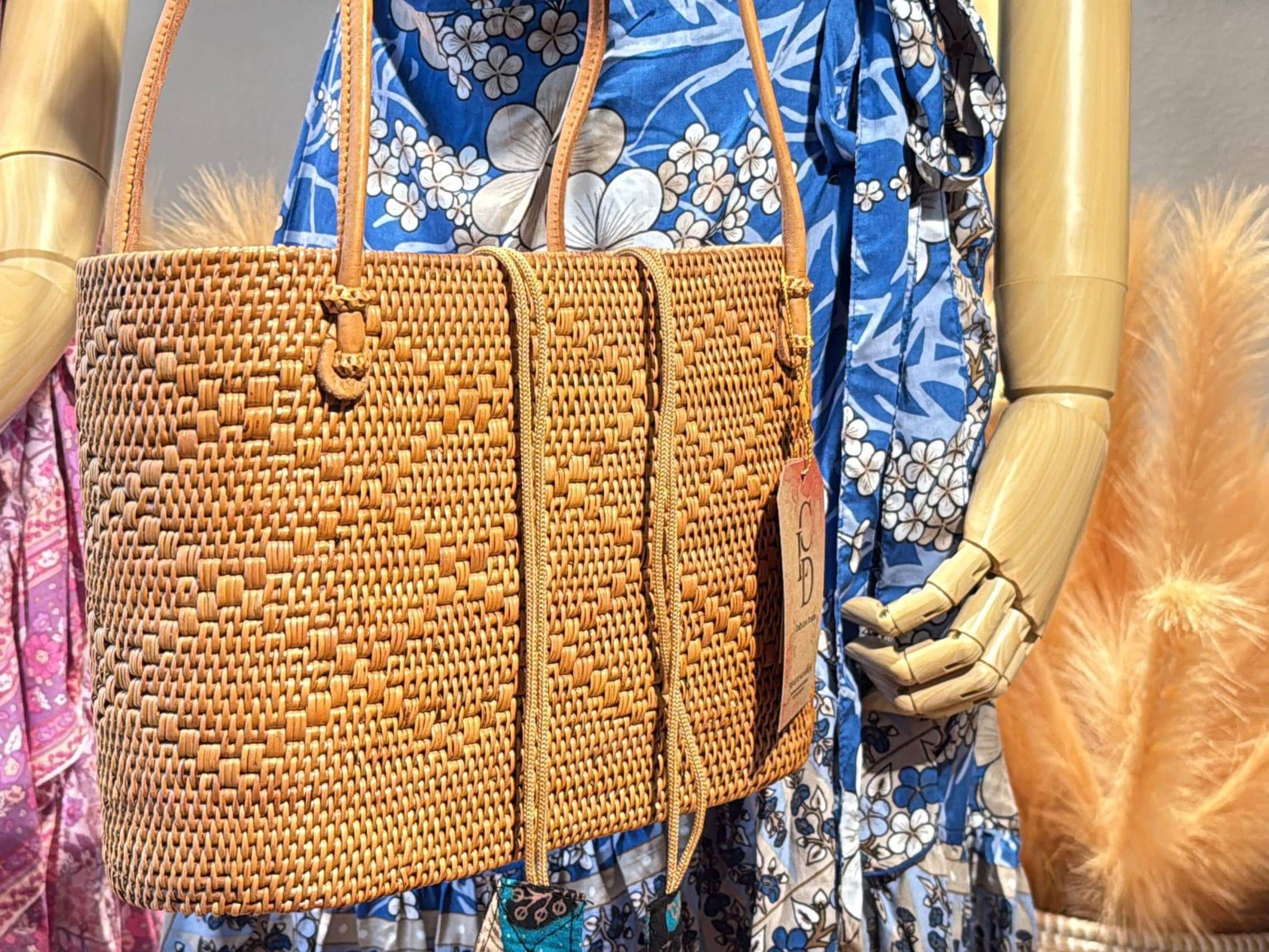 Bohemian Rattan Tote Bag, Handwoven Natural Bali Style (Leather Strap)