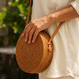 Rattan Crossbody Bag: Bali Woven Style (Round Shape, Leather Strap)