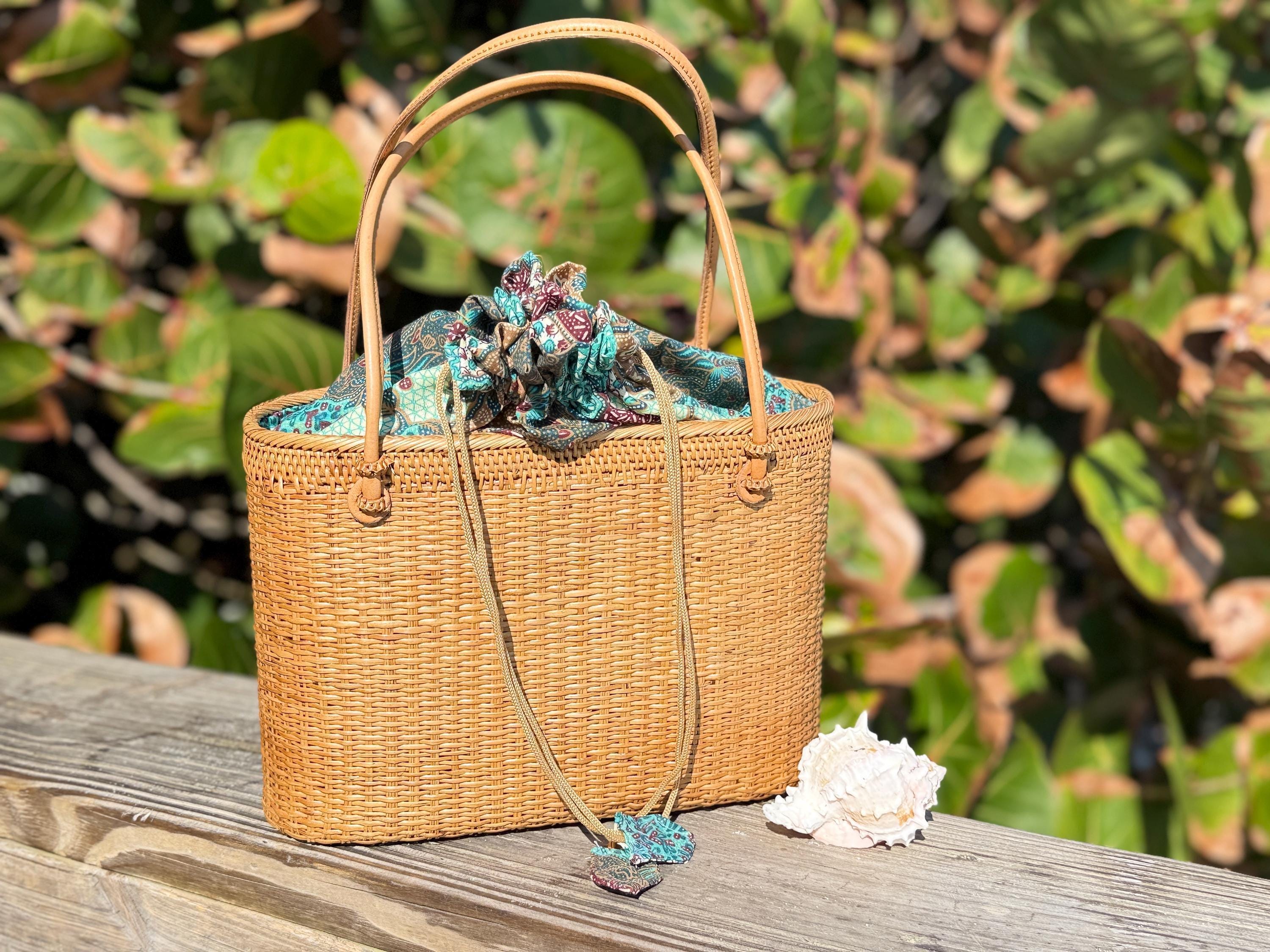 A woven straw handbag with a floral pattern sits on a wooden surface, accompanied by a seashell and a necklace.