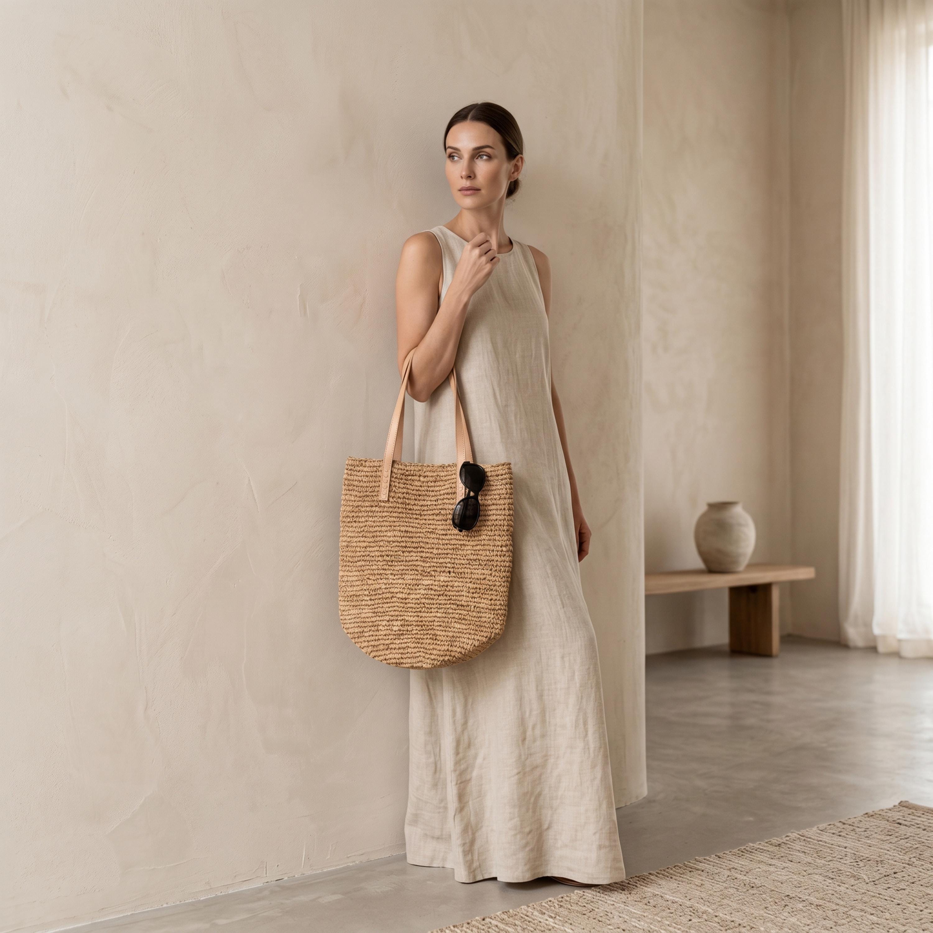 A woman in a long beige dress stands against a white wall, holding a woven straw bag and wearing sunglasses.