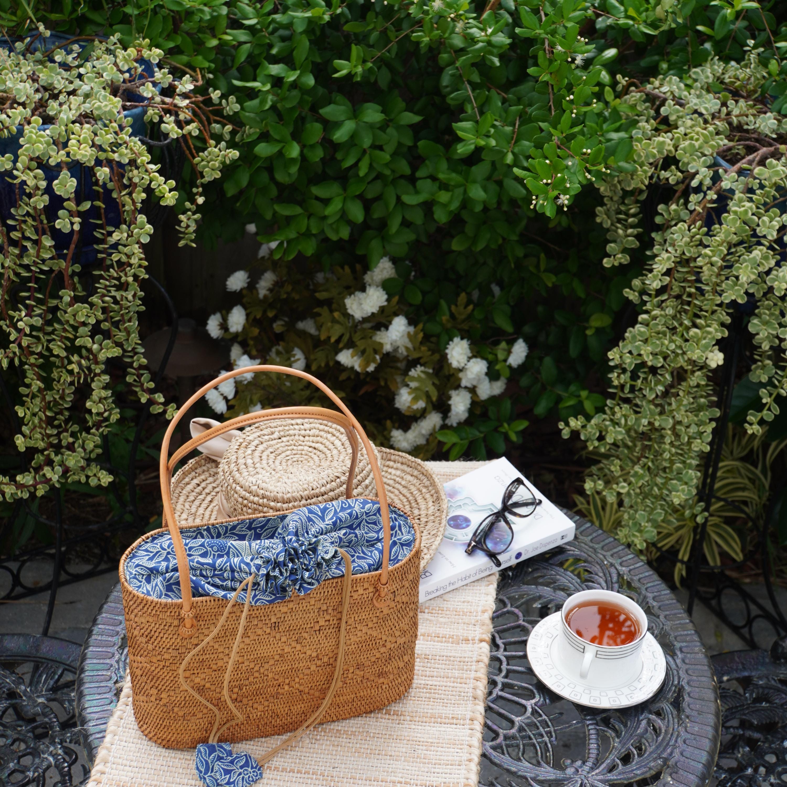Bohemian Rattan Tote Bag, Handwoven Natural Bali Style (Leather Strap)