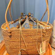 Bohemian Rattan Tote Bag, Handwoven Natural Bali Style (Leather Strap)
