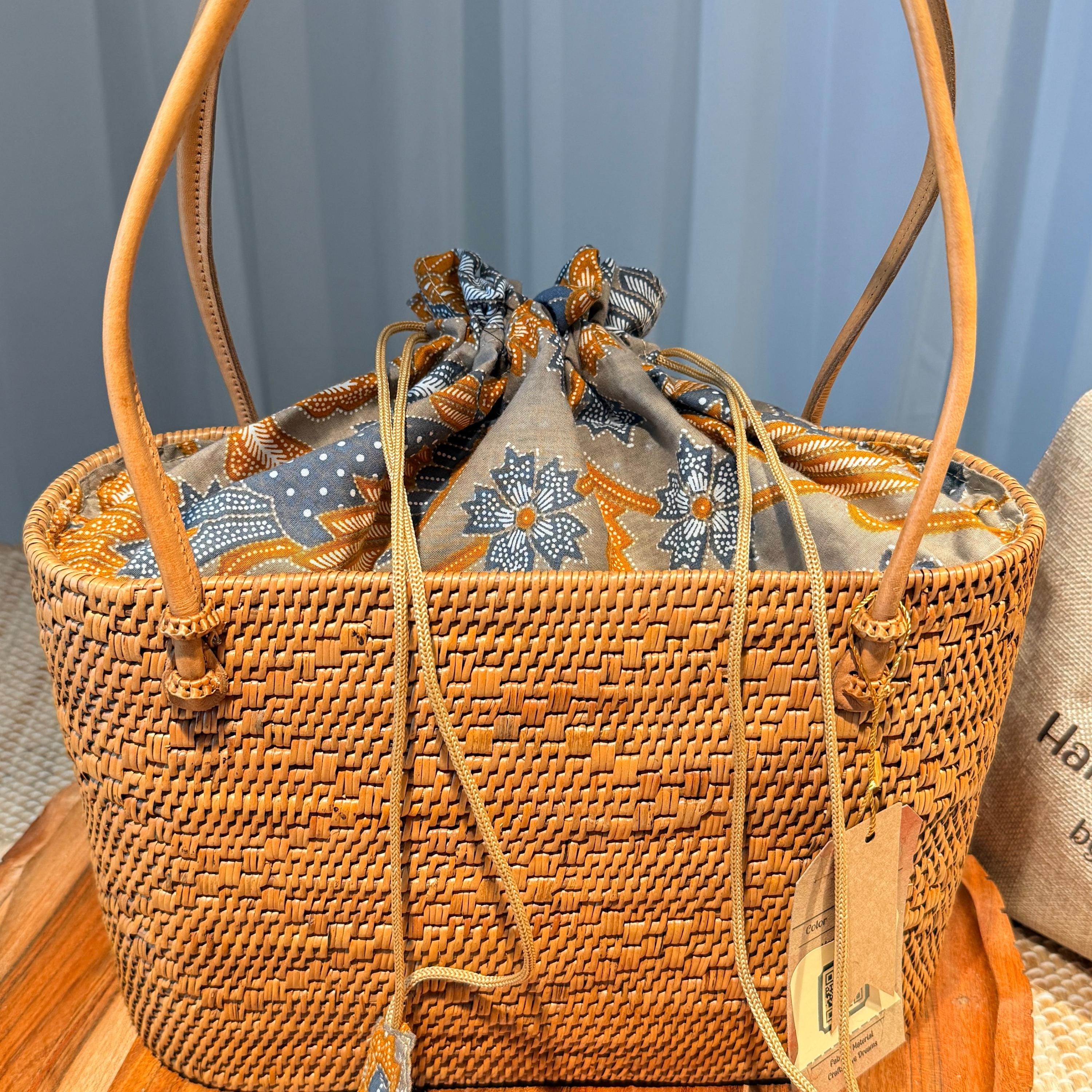 Bohemian Rattan Tote Bag, Handwoven Natural Bali Style (Leather Strap)