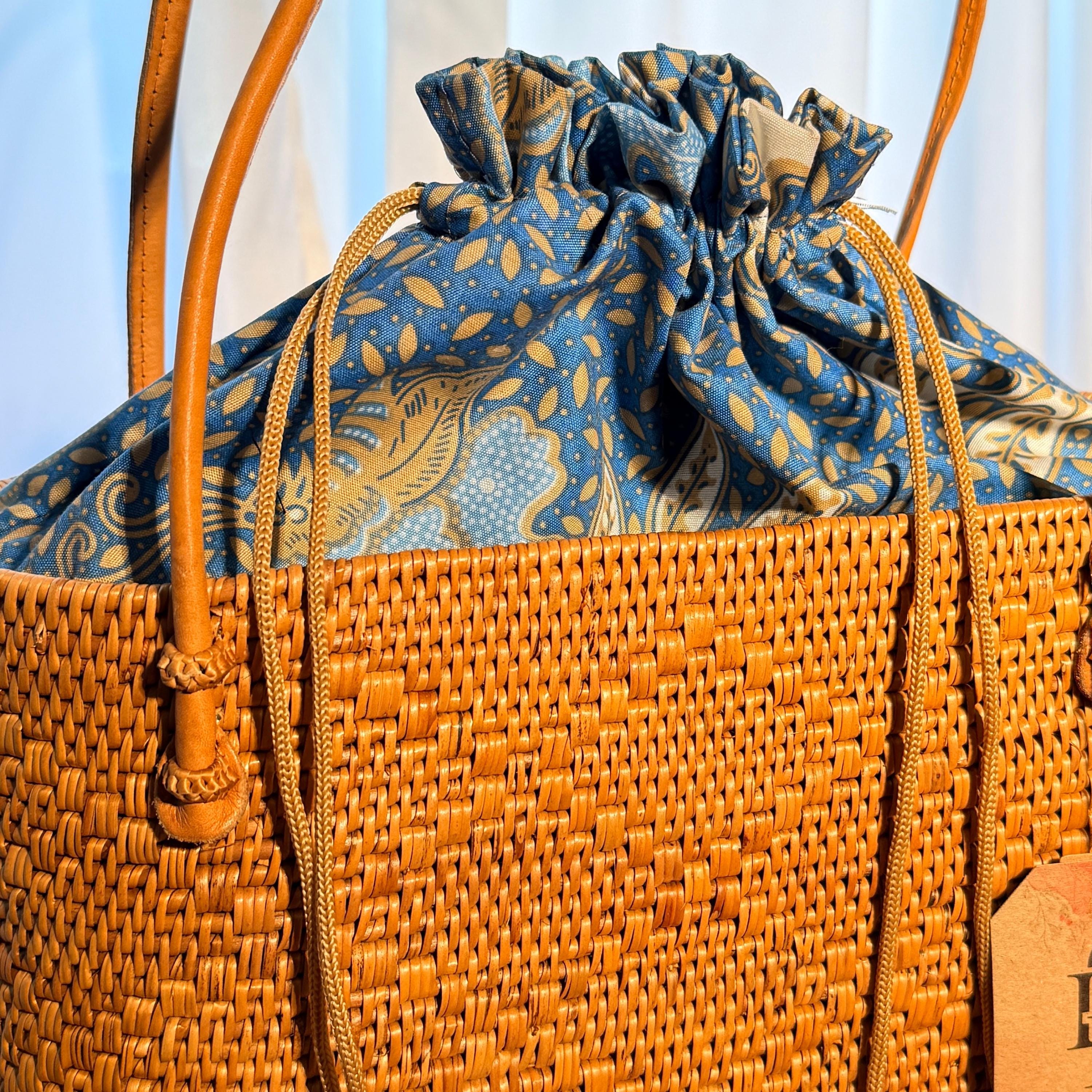 Bohemian Rattan Tote Bag, Handwoven Natural Bali Style (Leather Strap)