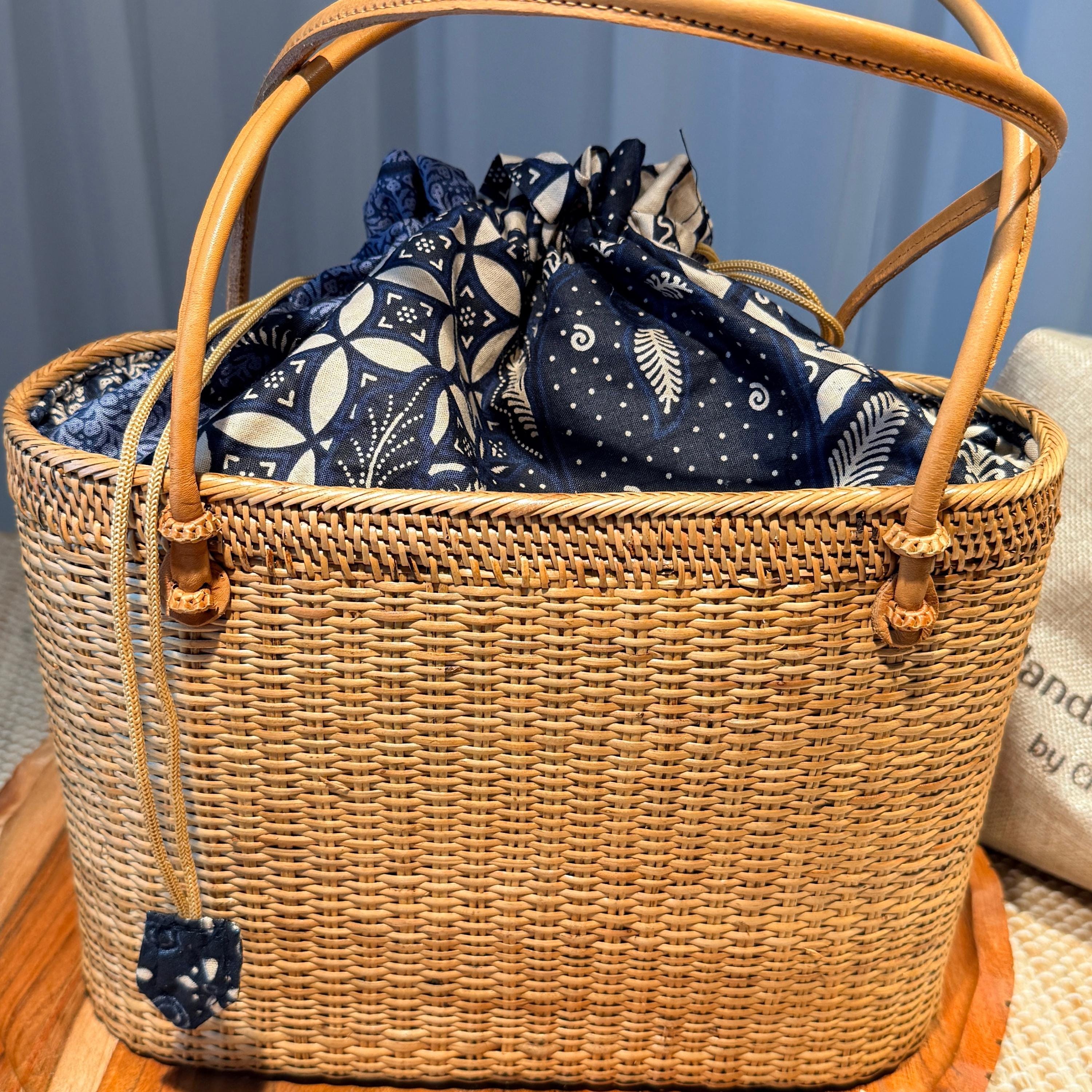 Bohemian Rattan Tote Bag, Handwoven Natural Bali Style (Leather Strap)