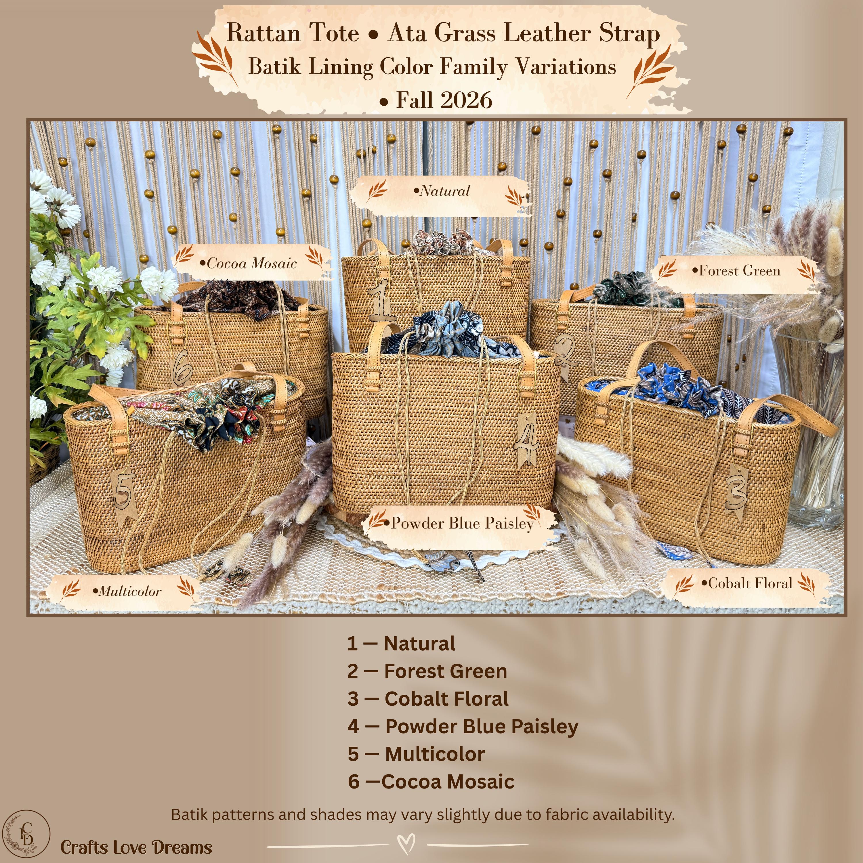 Ata Grass Tote Bag with Batik Lining – Handwoven Bali Rattan, Leather Shoulder Strap