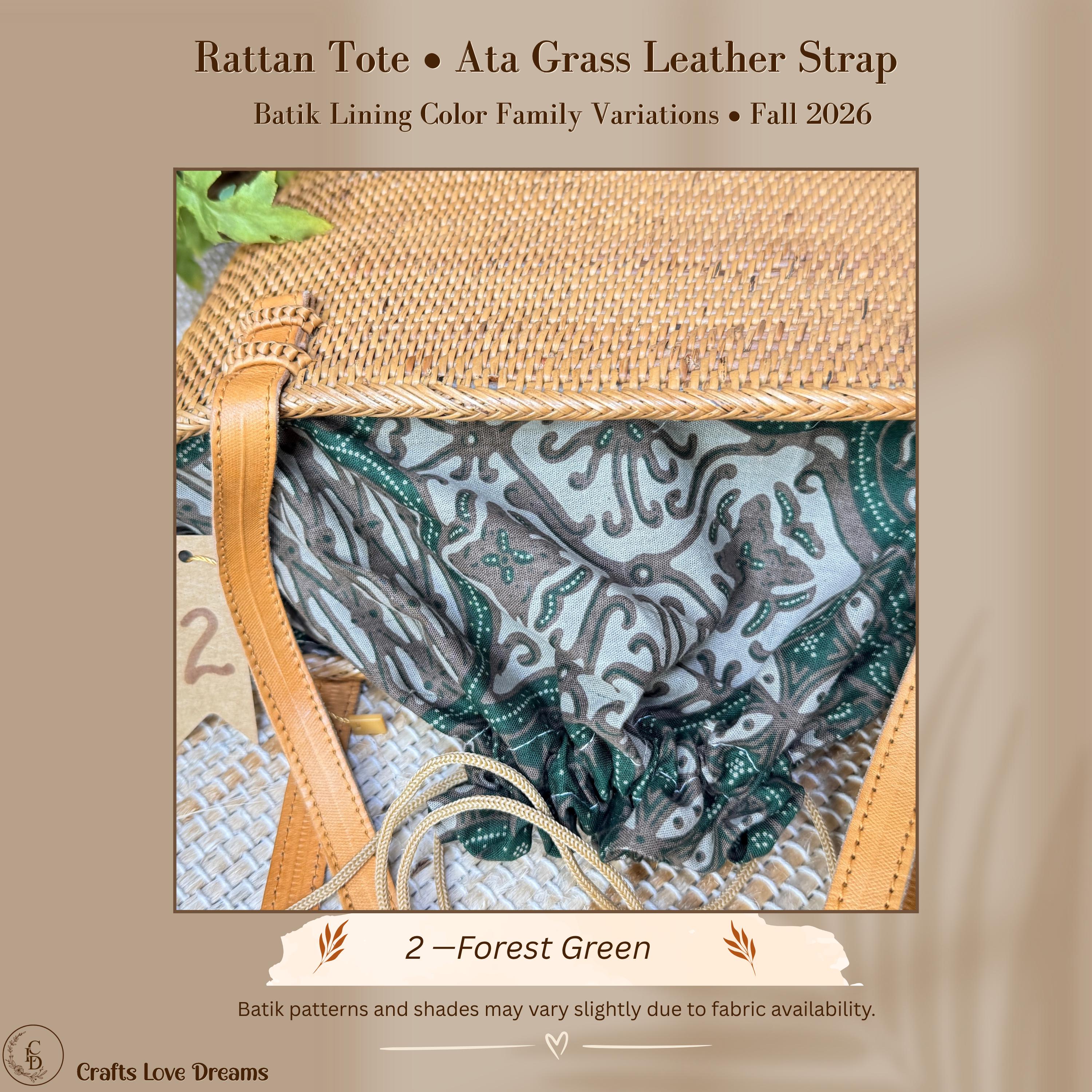 Ata Grass Tote Bag with Batik Lining – Handwoven Bali Rattan, Leather Shoulder Strap