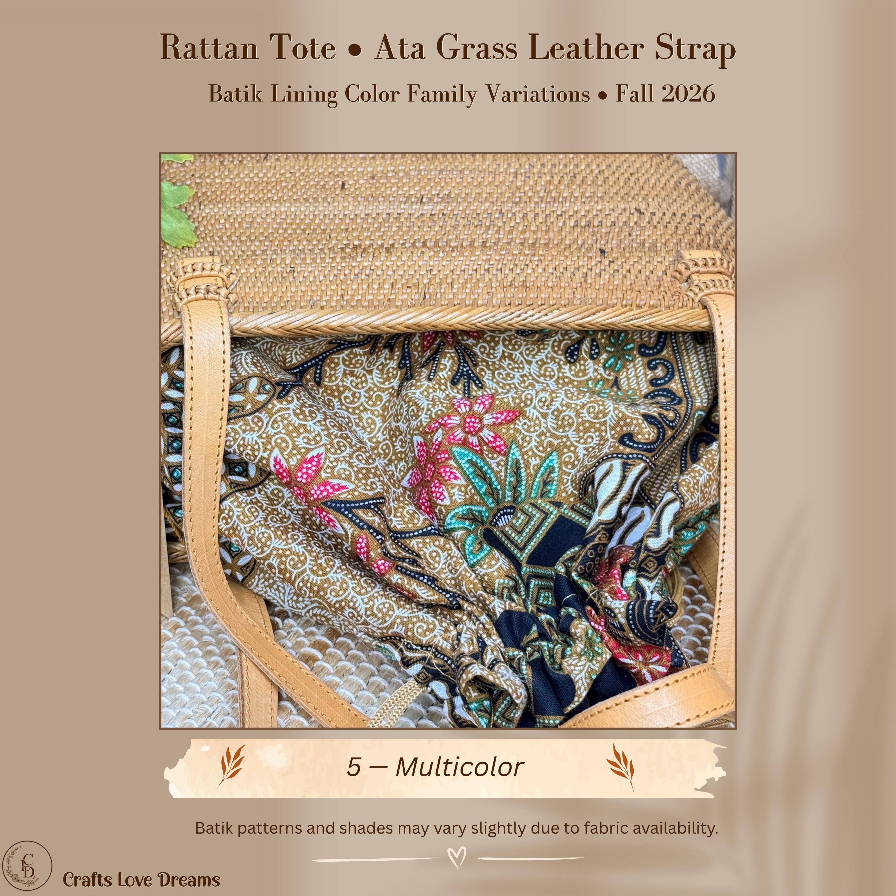 Ata Grass Tote Bag with Batik Lining – Handwoven Bali Rattan, Leather Shoulder Strap