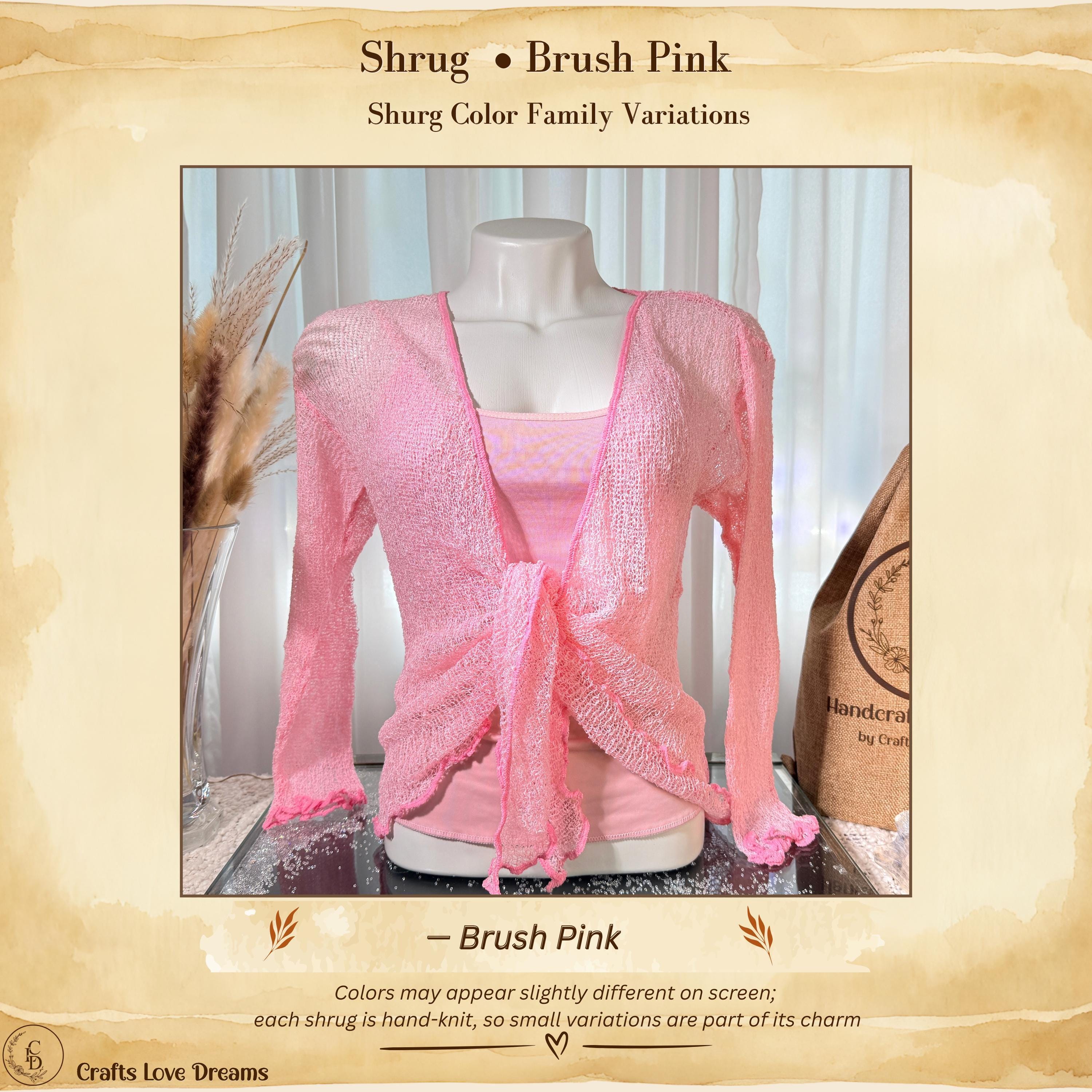 Blush Pink sheer knit cardigan shrug, front tie, ruffled hem