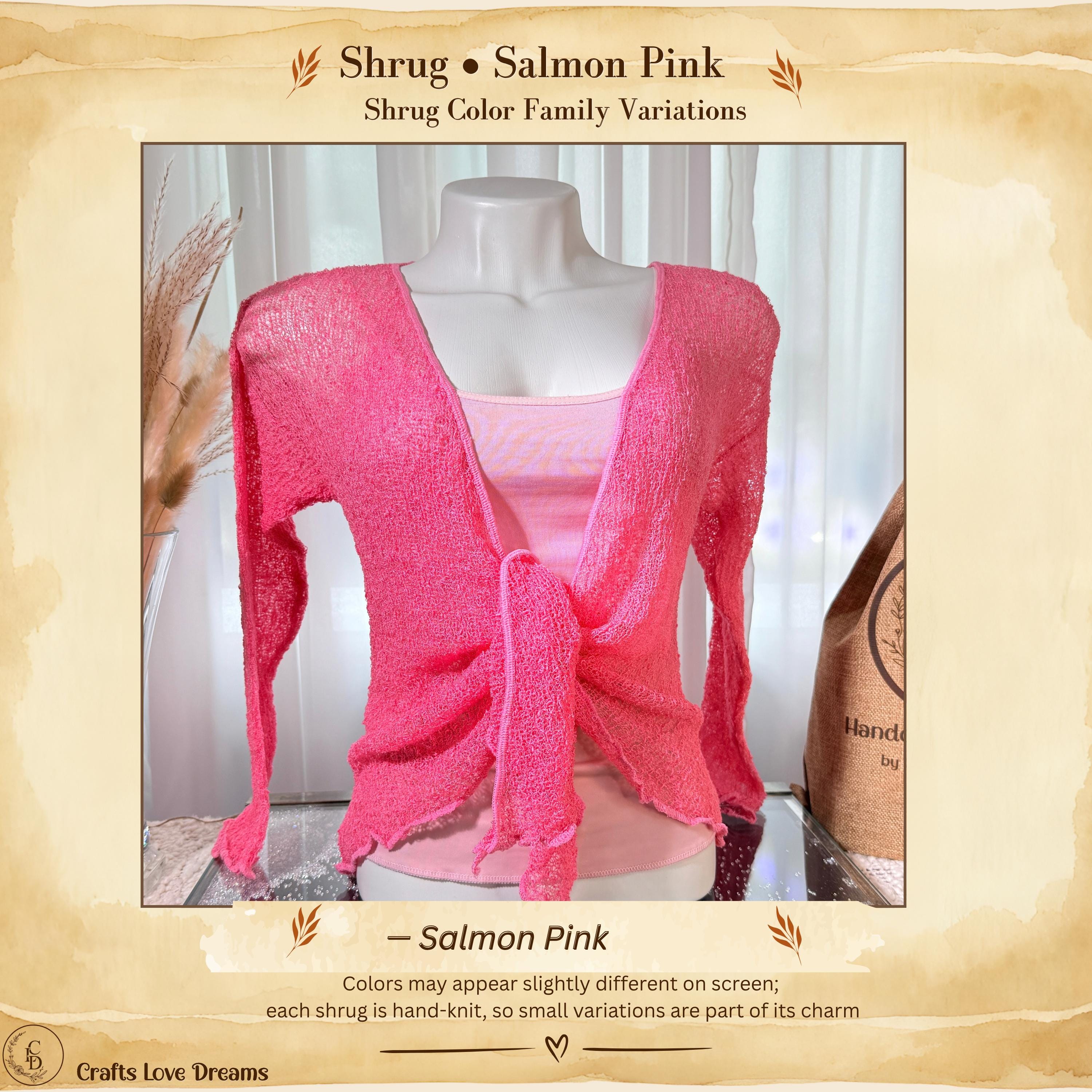 Salmon Pink sheer knit cardigan shrug, front tie, ruffled hem