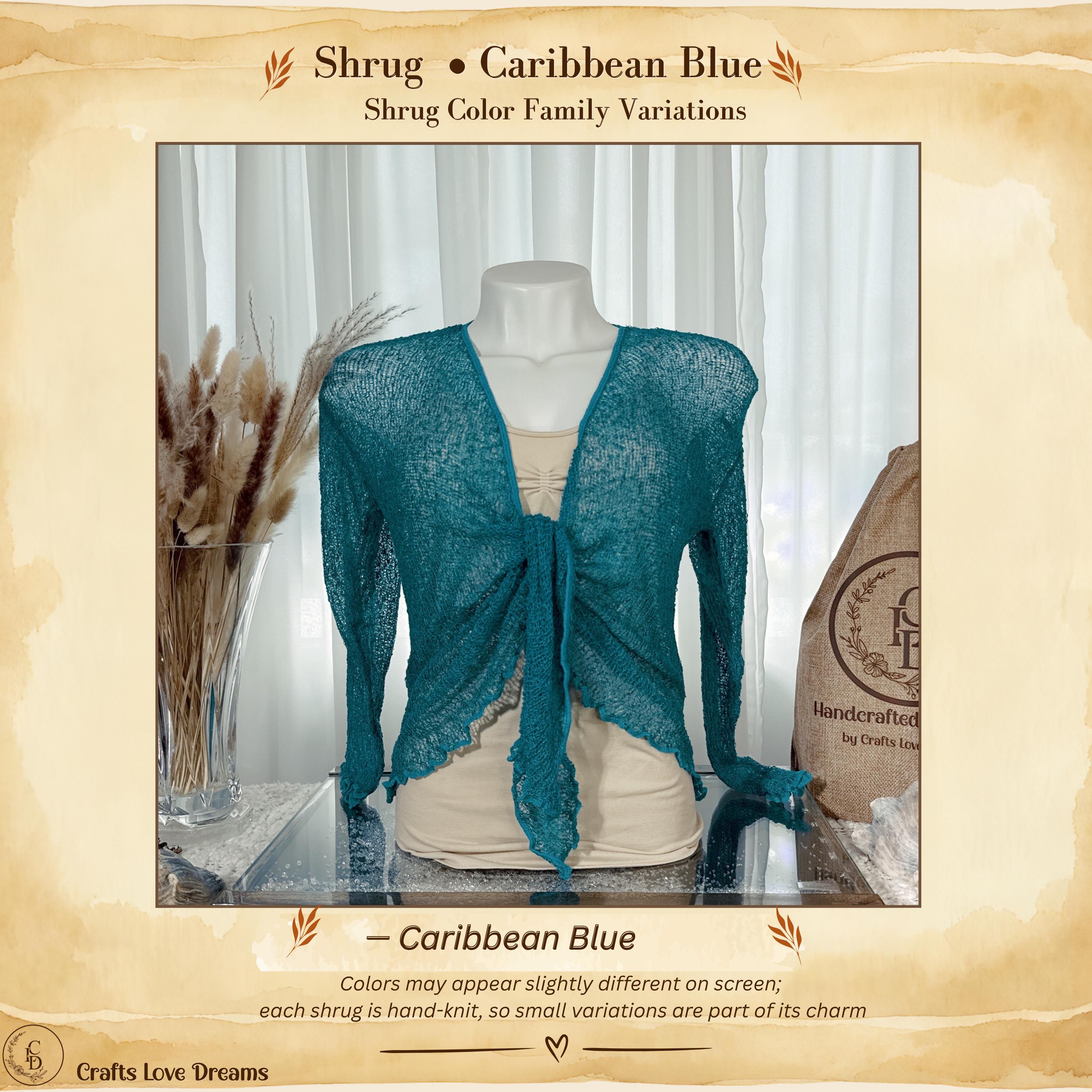 Caribbean Blue color card showing the Caribbean Blue sheer knit cardigan shrug from Crafts Love Dreams
