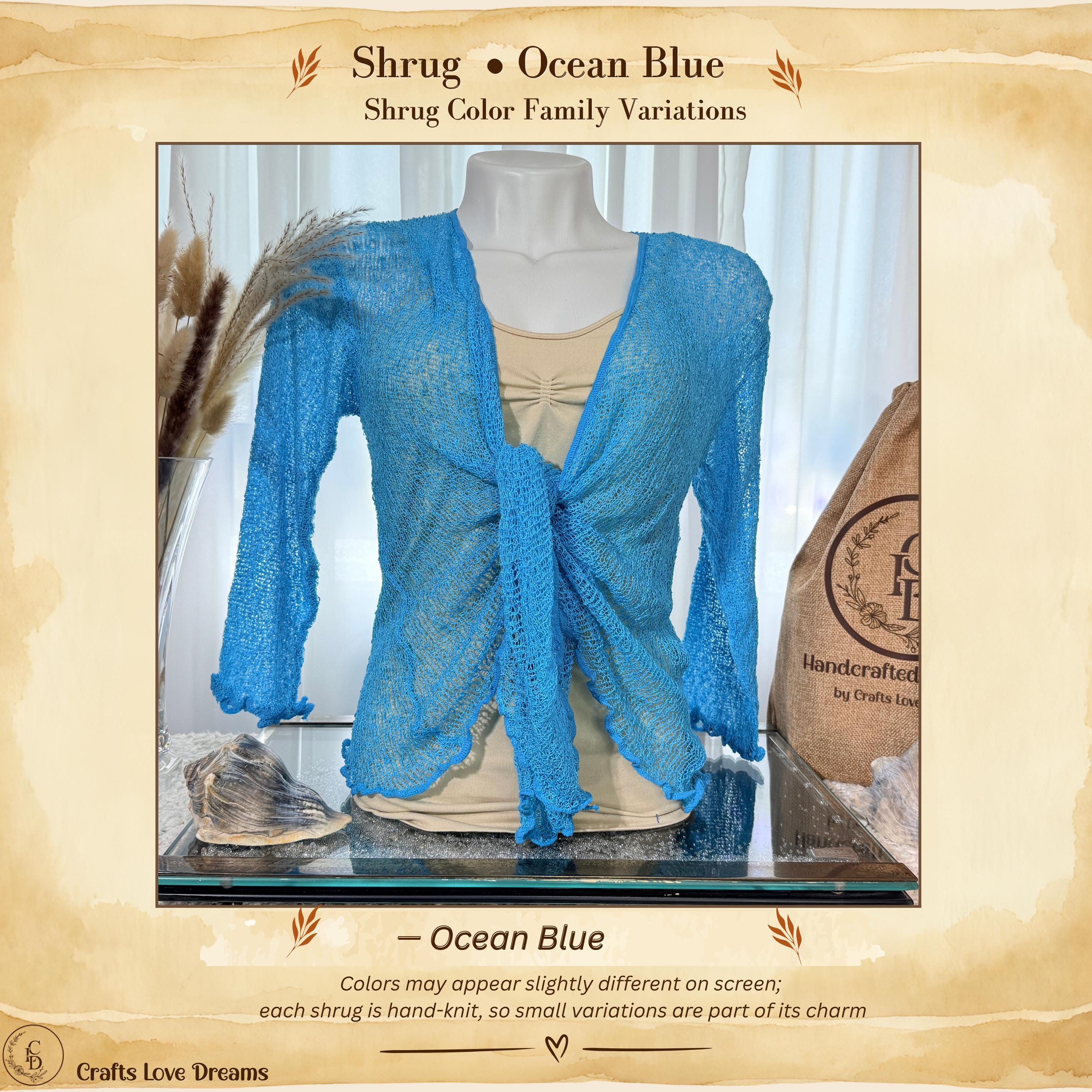 Ocean Blue color card showing the Ocean Blue sheer knit cardigan shrug from Crafts Love Dreams