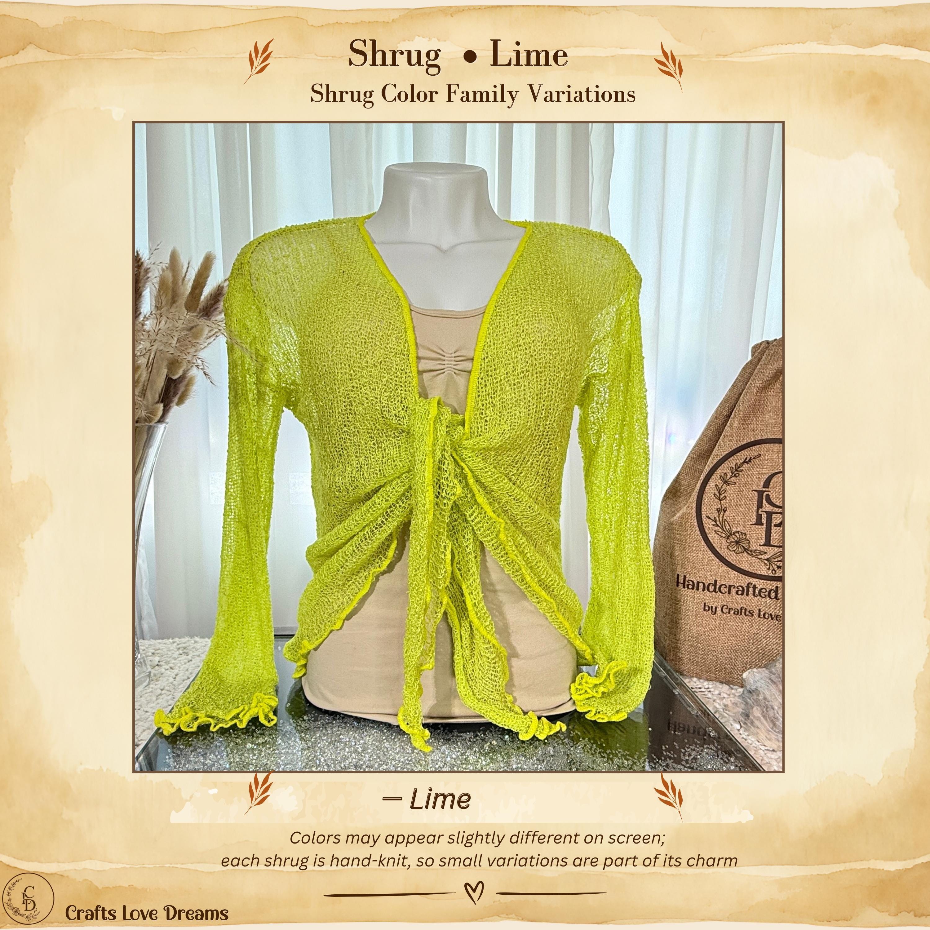 Lime color card showing the Lime sheer knit cardigan shrug from Crafts Love Dreams