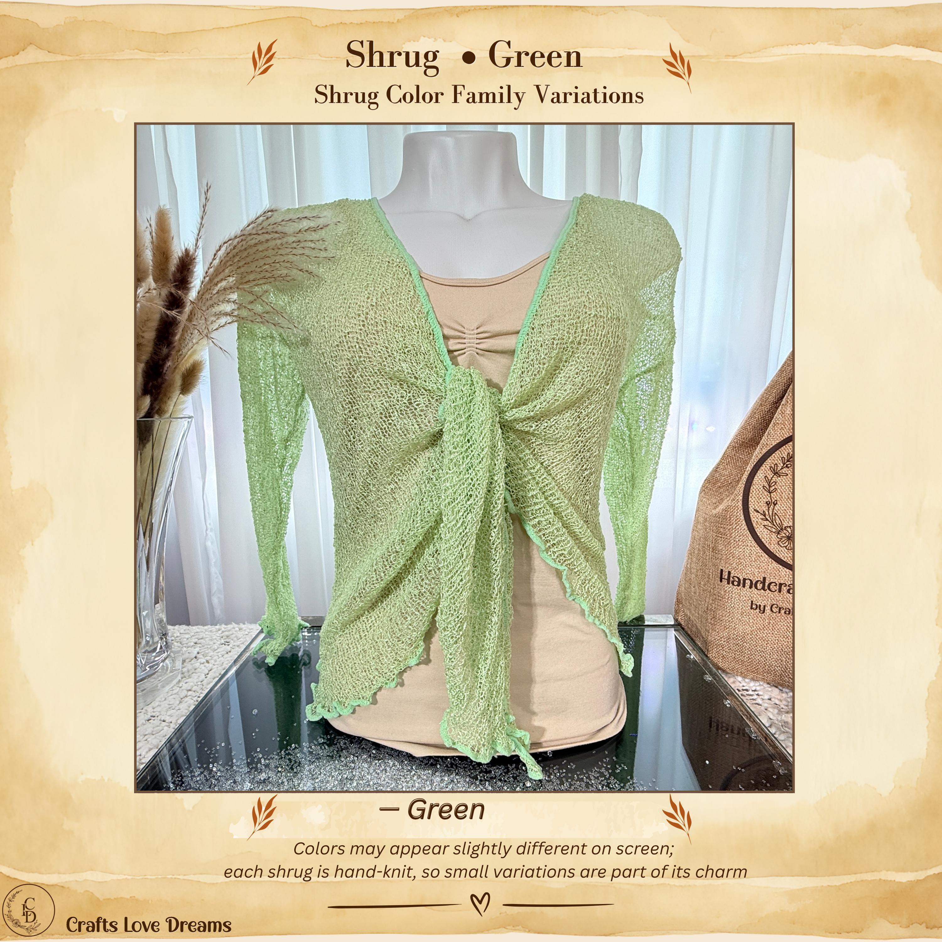 Green color card showing the Green sheer knit cardigan shrug from Crafts Love Dreams
