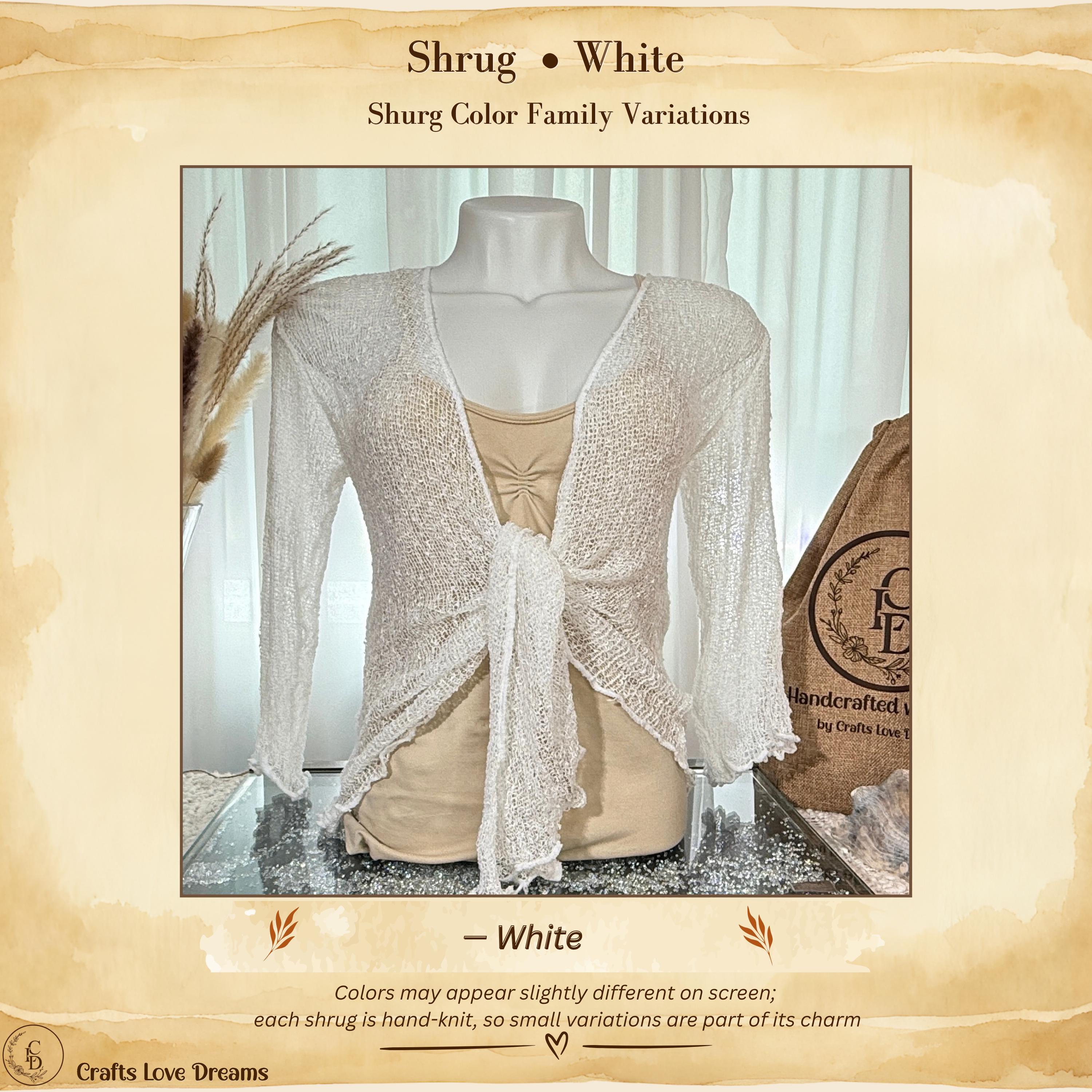White color card showing the White sheer knit cardigan shrug from Crafts Love Dreams