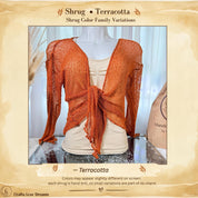 Terracotta color card showing the Terracotta sheer knit cardigan shrug from Crafts Love Dreams