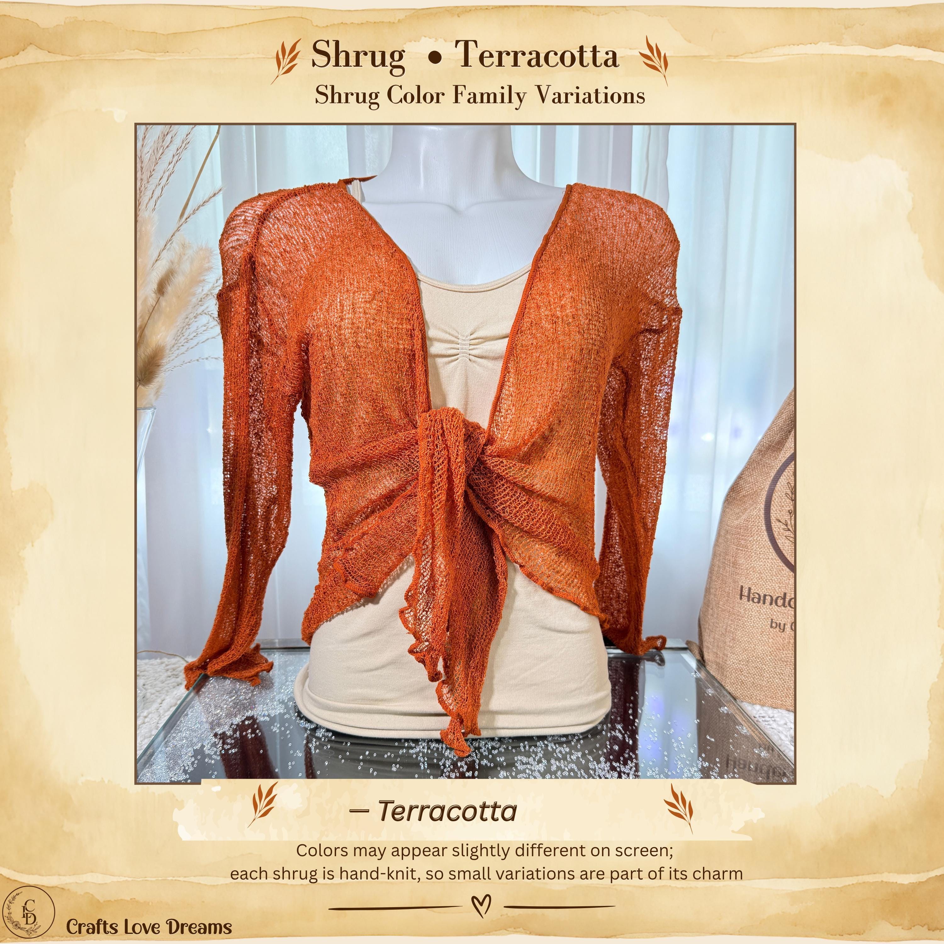 Terracotta color card showing the Terracotta sheer knit cardigan shrug from Crafts Love Dreams
