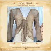 Khaki color card showing the Khaki sheer knit cardigan shrug from Crafts Love Dreams