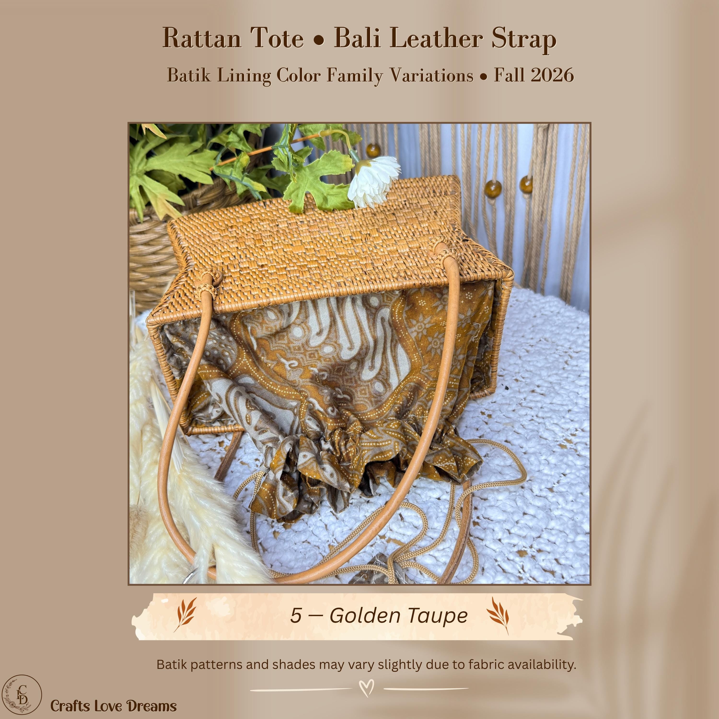Rattan Tote Bag: Bali Woven Straw with Batik Liner (Leather Handles)
