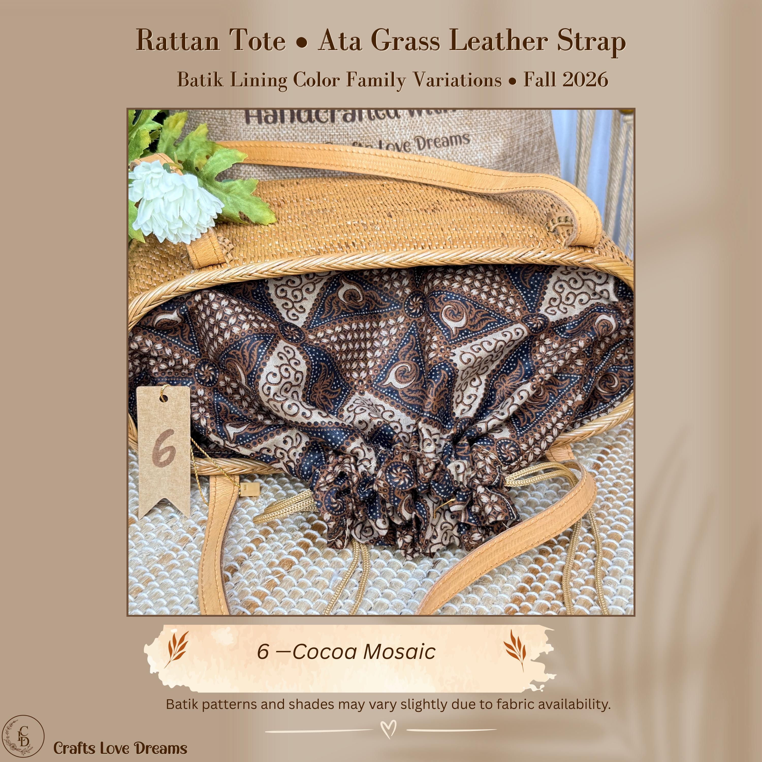 Ata Grass Tote Bag with Batik Lining – Handwoven Bali Rattan, Leather Shoulder Strap