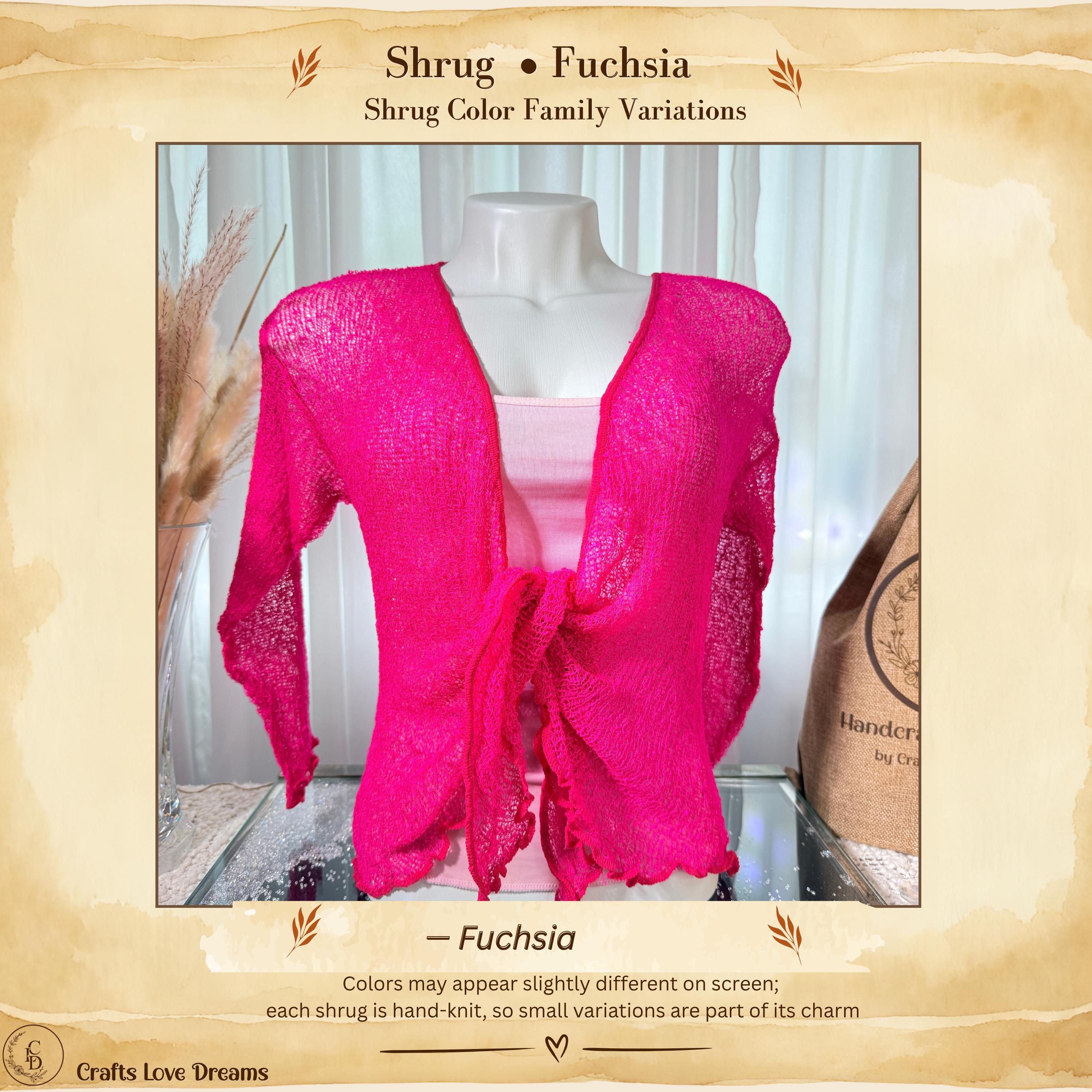 Fuchsia sheer knit cardigan shrug, front tie, ruffled hem