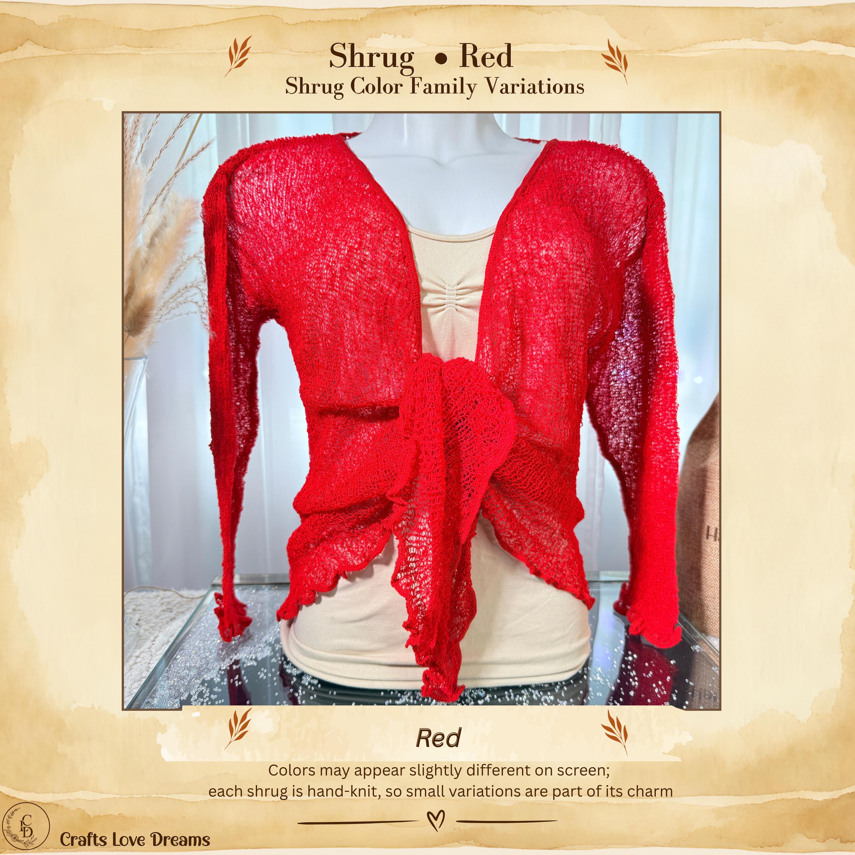 Red sheer knit cardigan shrug, front tie, ruffled hem