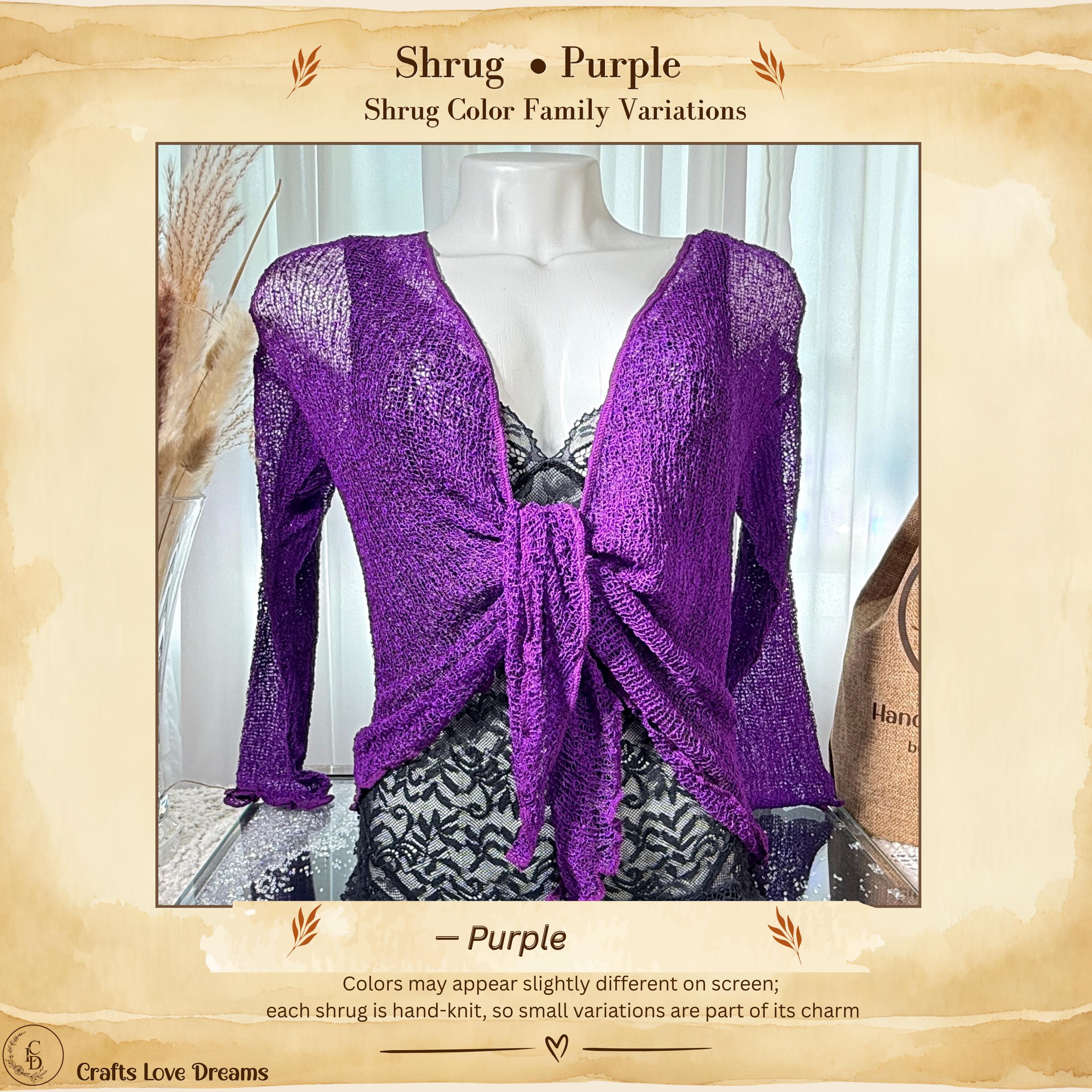 Purple sheer knit cardigan shrug, front tie, ruffled hem