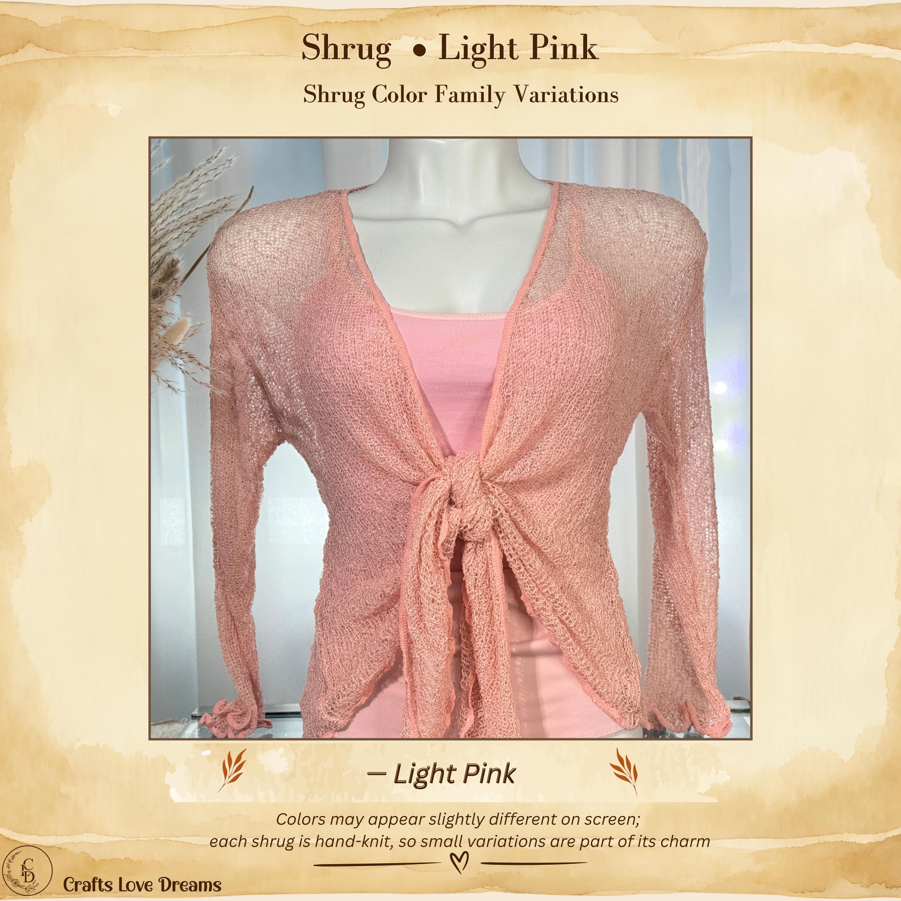 Light Pink color card showing the Light Pink sheer knit cardigan shrug from Crafts Love Dreams