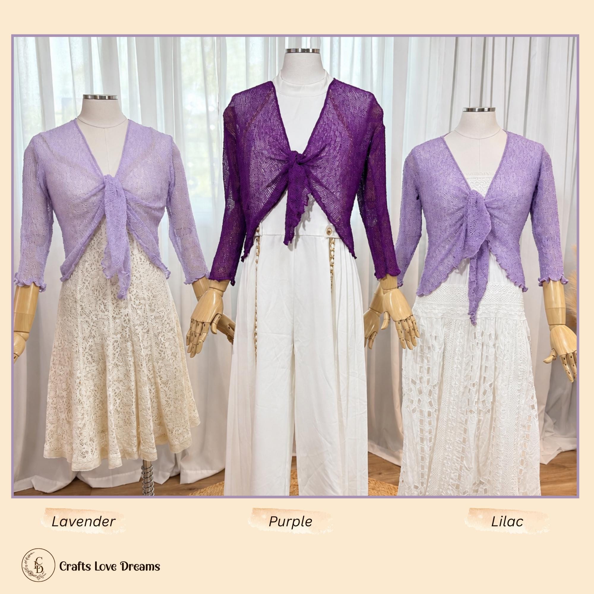 Lavender, Purple and Lilac sheer knit cardigan shrugs side by side on mannequins from Crafts Love Dreams