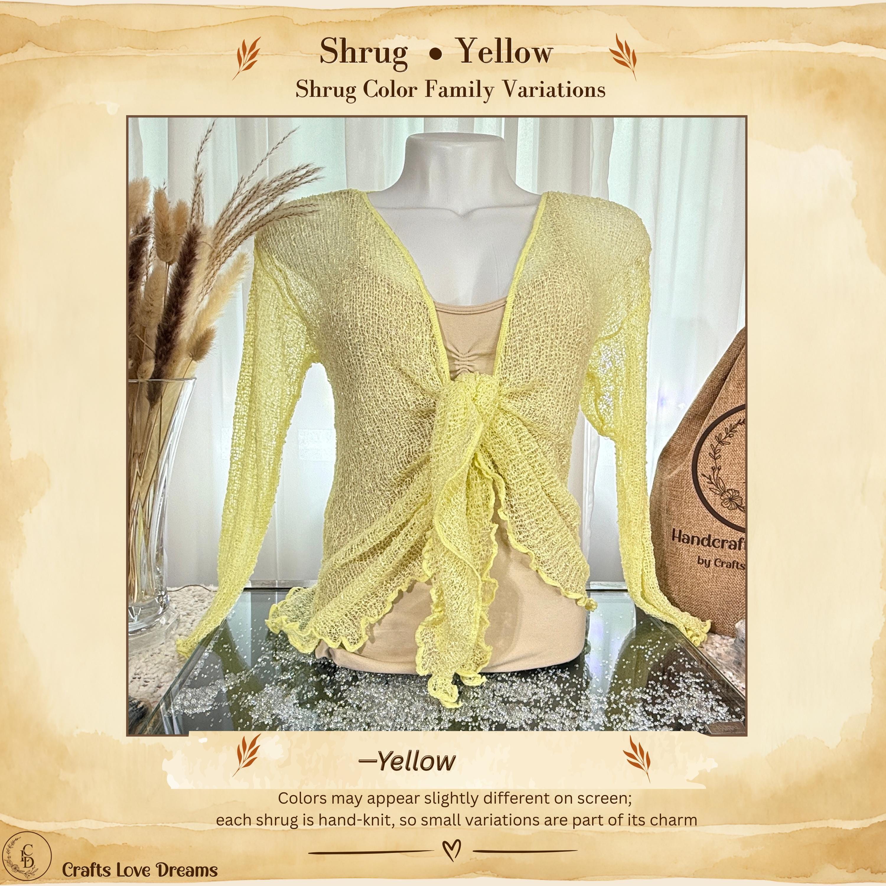 Yellow color card showing the Yellow sheer knit cardigan shrug from Crafts Love Dreams