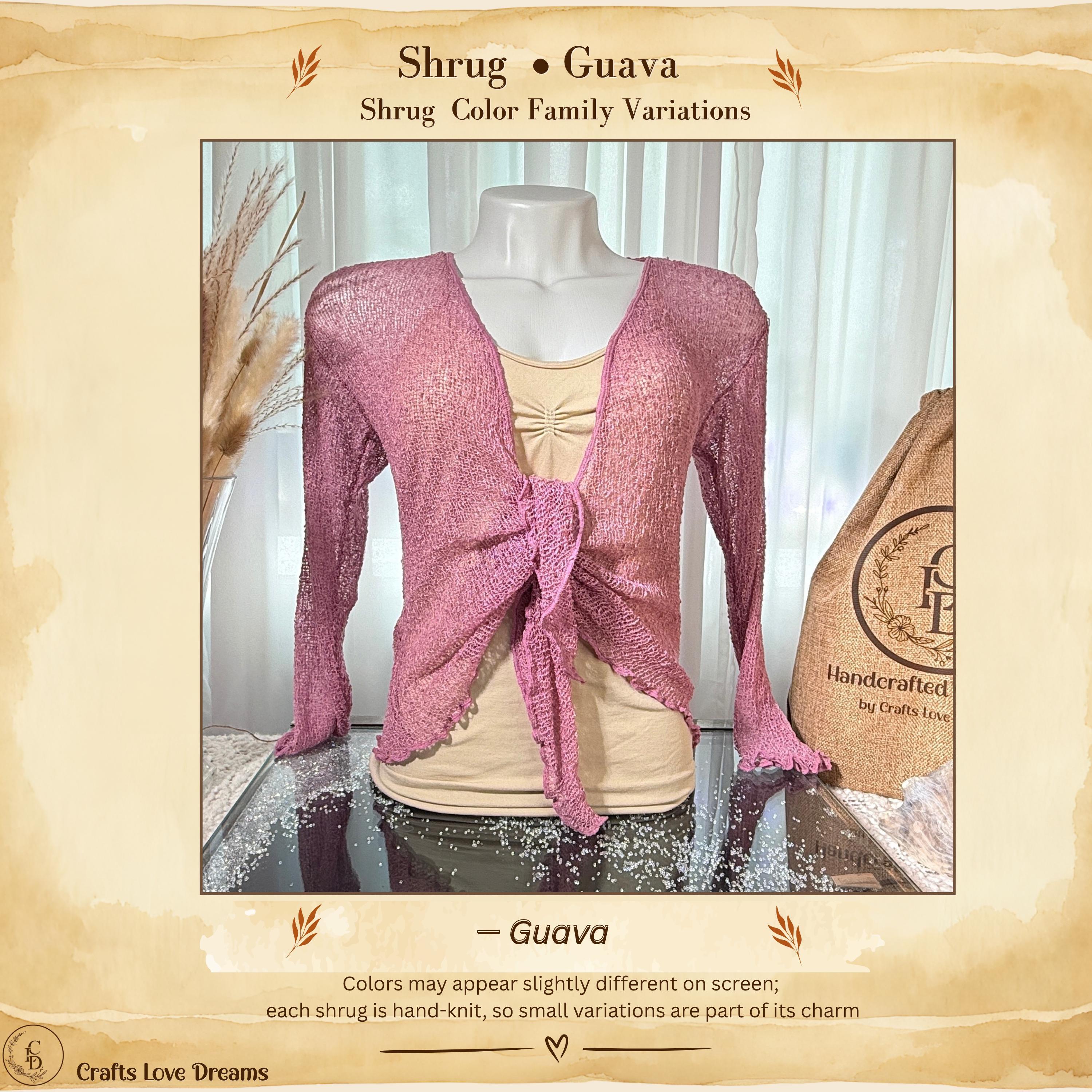 Guava color card showing the Guava pink sheer knit cardigan shrug from Crafts Love Dreams