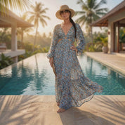 Boho Maxi Dress, Blue Floral Paisley, Long Sleeve (Lightweight Rayon)