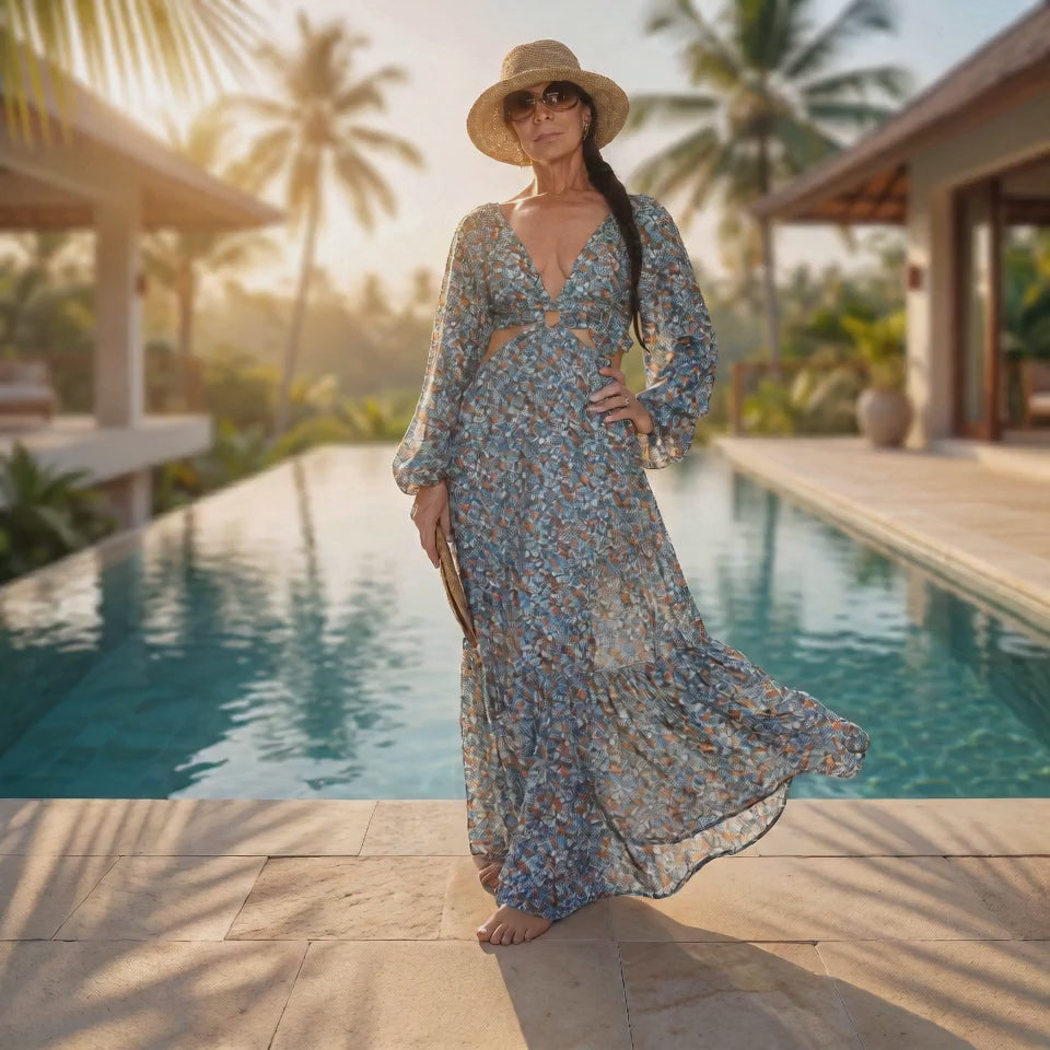 Boho Maxi Dress, Blue Floral Paisley, Long Sleeve (Lightweight Rayon)