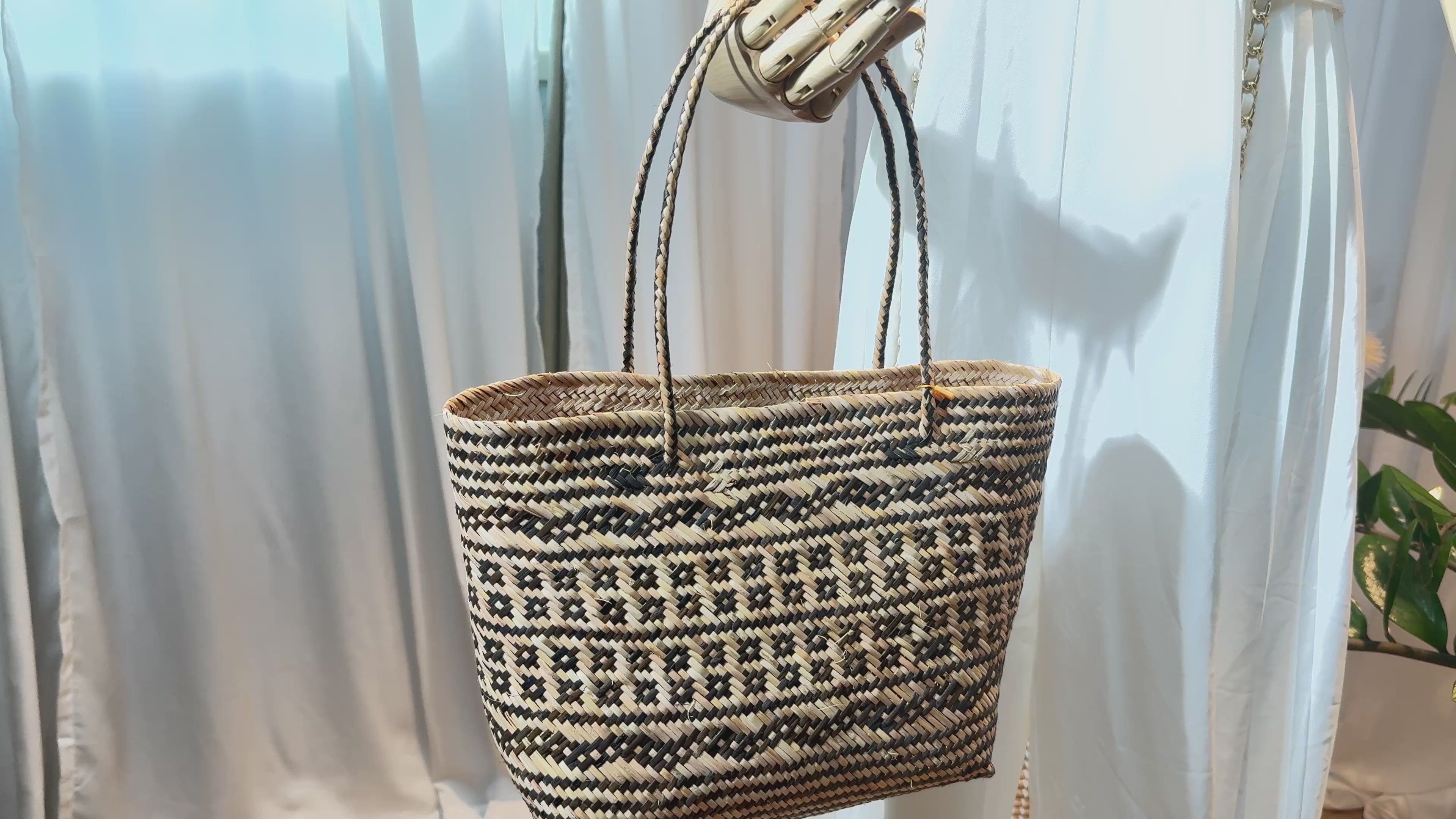 Natural Woven Tote Bag with Black Pattern | Handwoven Bali Straw Basket Bag with Handles | Boho Beach Market Tote