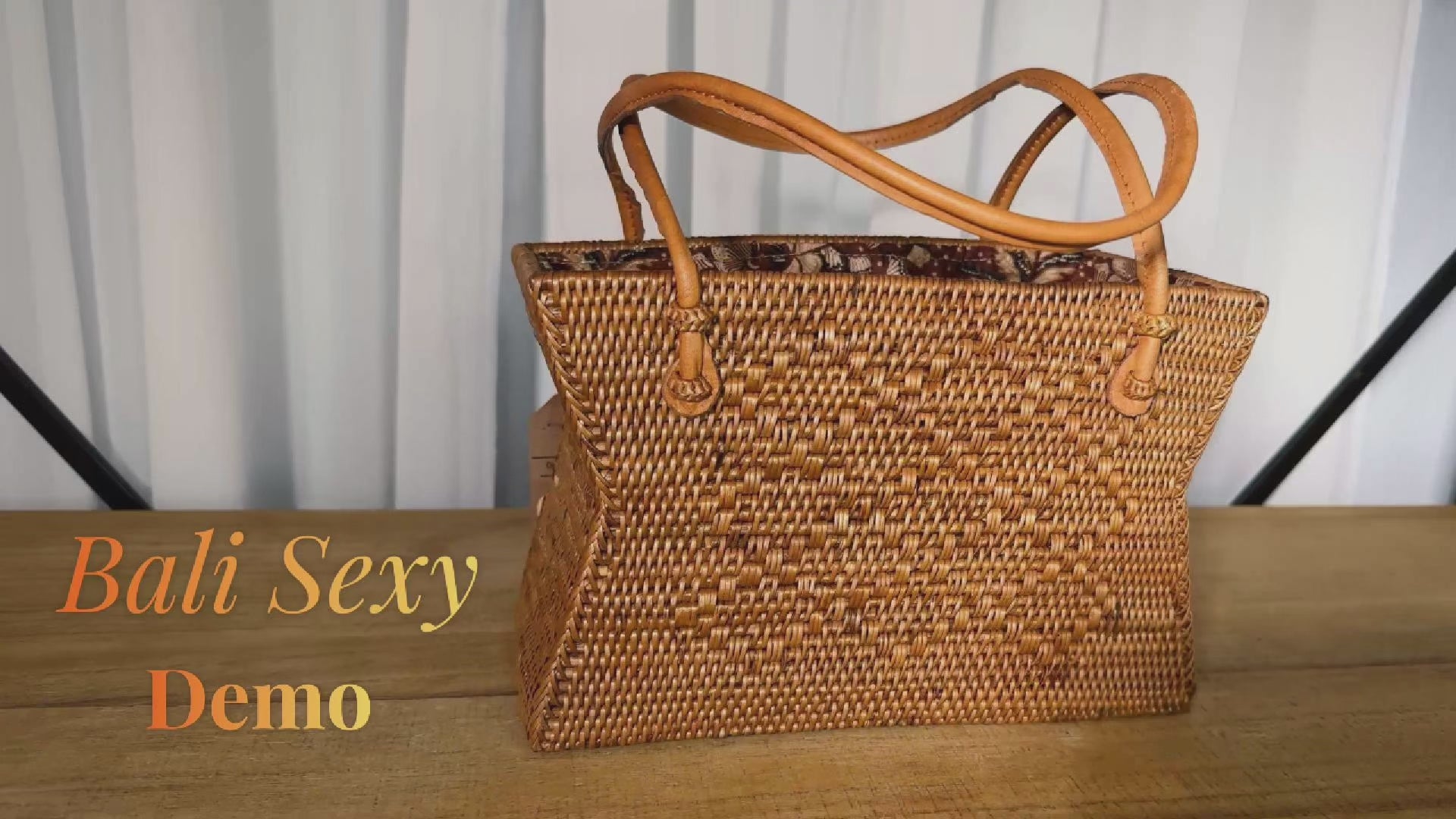 Rattan Tote Bag: Bali Woven Straw with Batik Liner (Leather Handles)