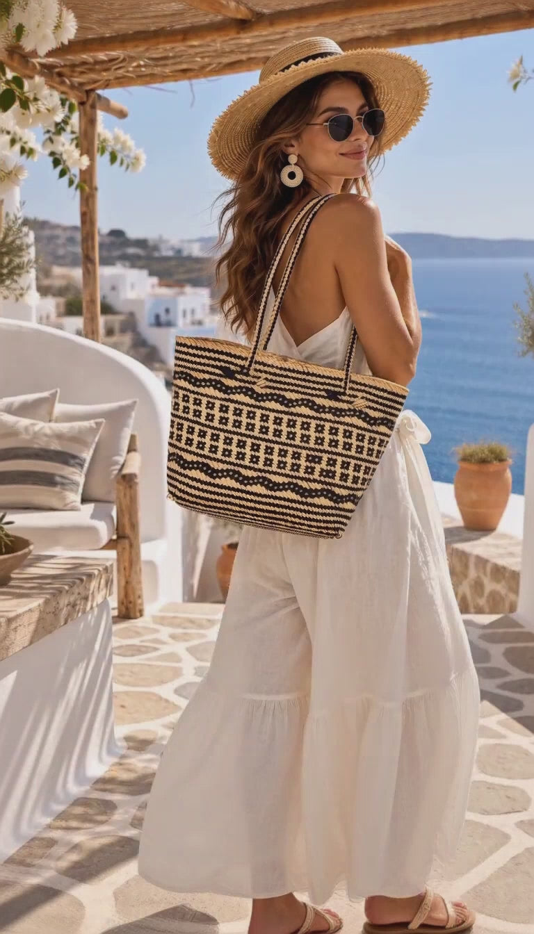 Natural Woven Tote Bag with Black Pattern | Handwoven Bali Straw Basket Bag with Handles | Boho Beach Market Tote