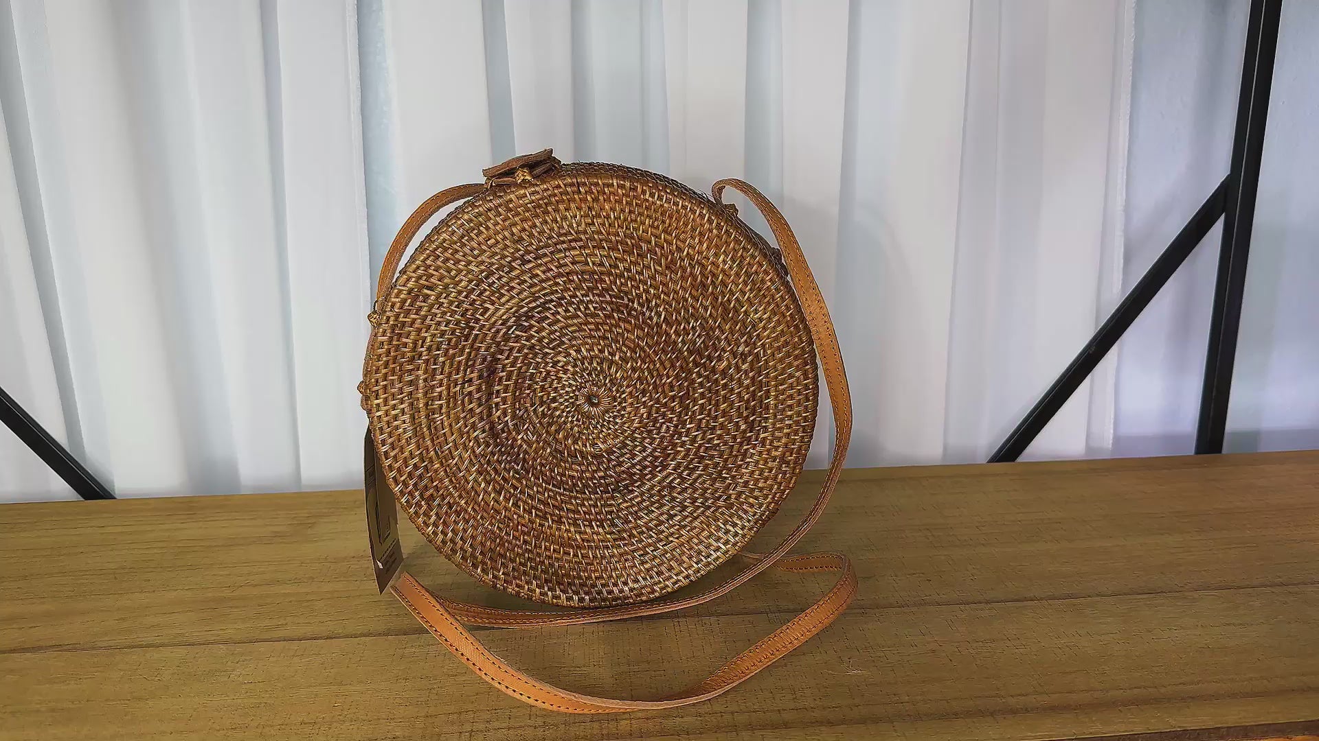 Rattan Crossbody Bag: Bali Woven Style (Round Shape, Leather Strap)