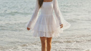 White Boho Mini Dress: Off-Shoulder, Flowing Bell Sleeves (Lightweight Rayon)
