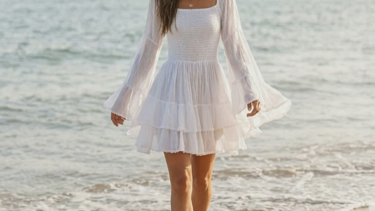 White Boho Mini Dress: Off-Shoulder, Flowing Bell Sleeves (Lightweight Rayon)
