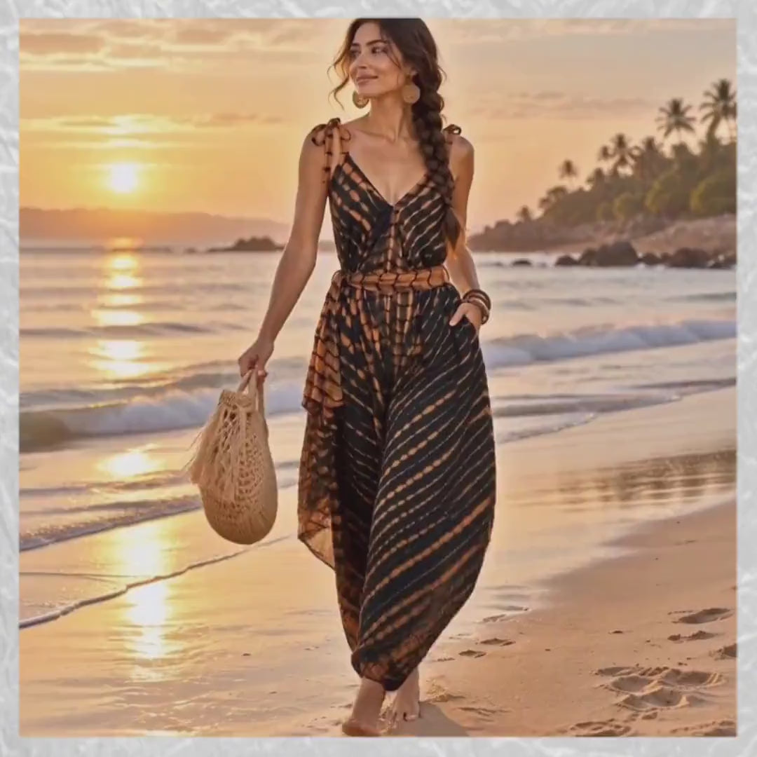 Boho Tie Dye Jumpsuit, Harem Style, Flowy Loose Fit Cocoa Sunset / Brown (One Size)
