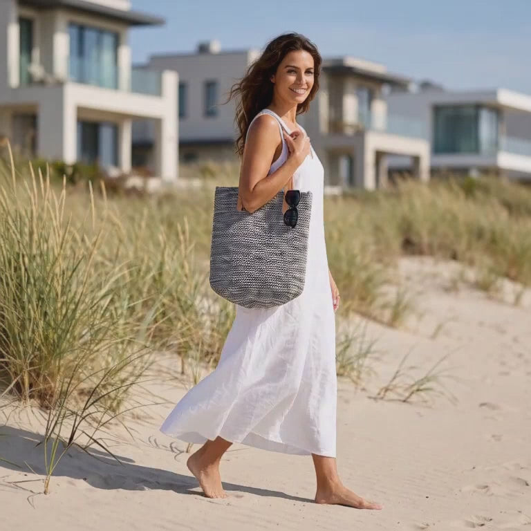Raffia Market Tote in Gray Blue: Handwoven Boho Style (Leather Strap, Lightweight)