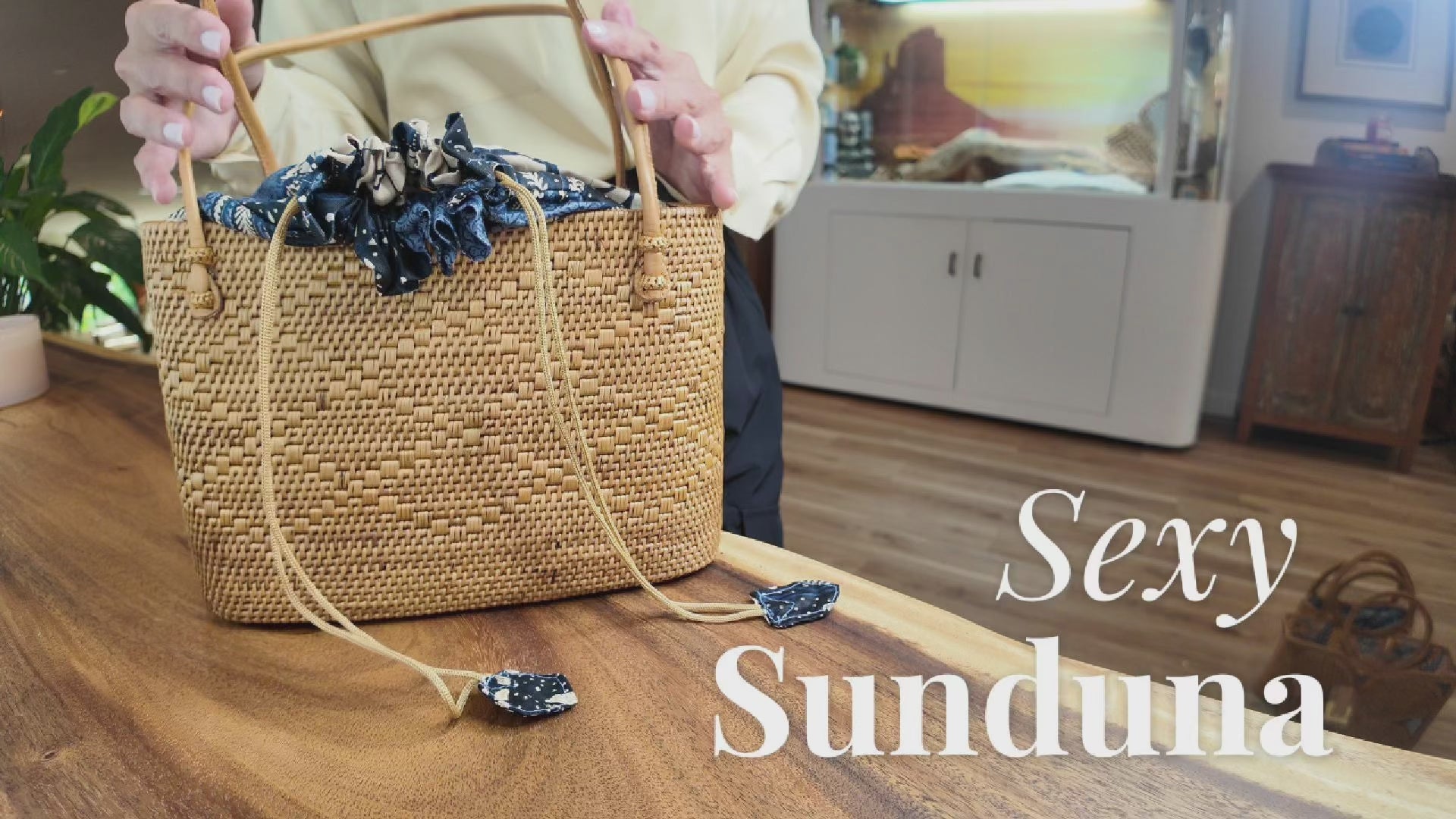 Bohemian Rattan Tote Bag, Handwoven Natural Bali Style (Leather Strap)
