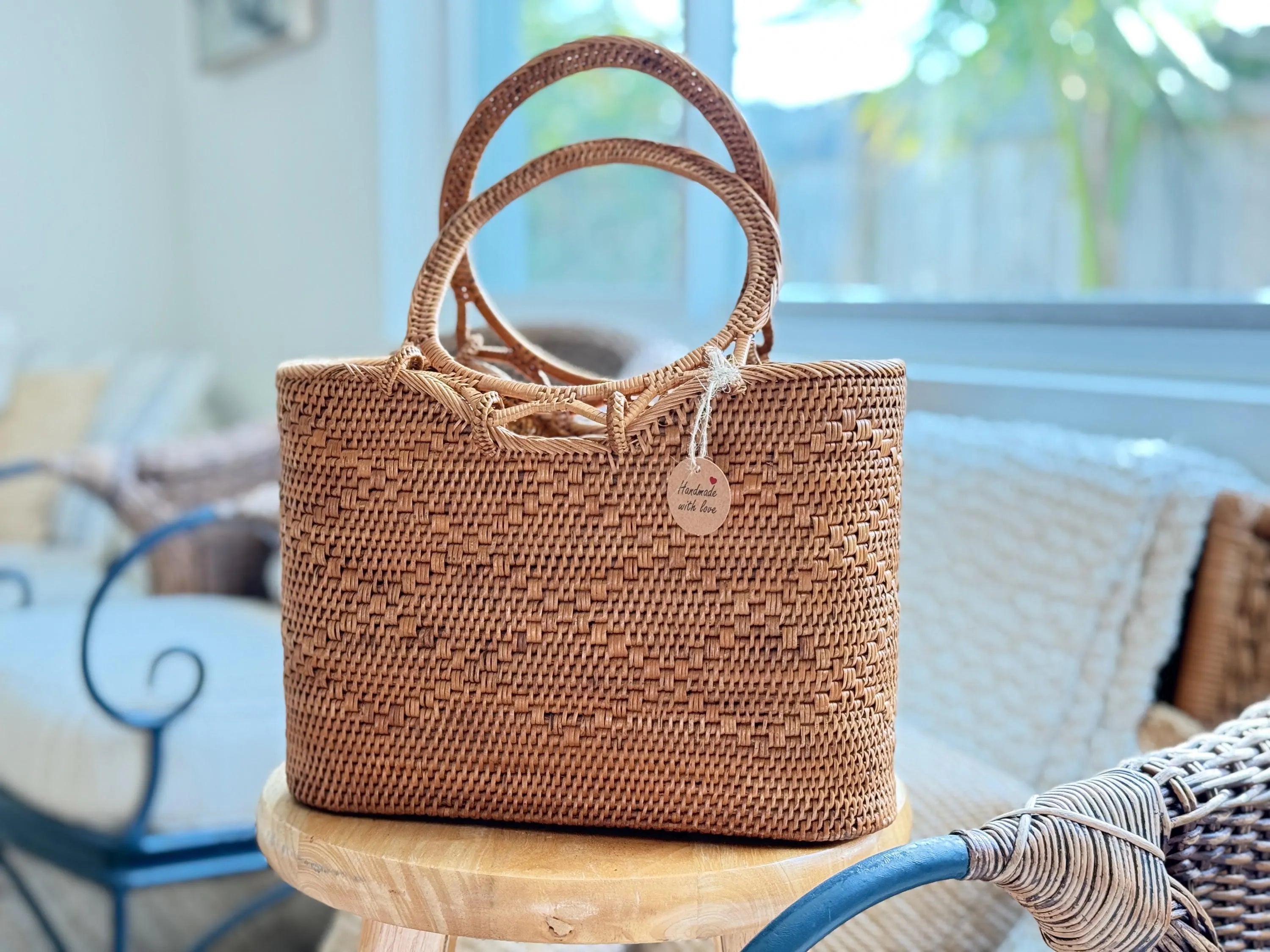 Natural Rattan Tote Bag - Spacious Handwoven Bali Design